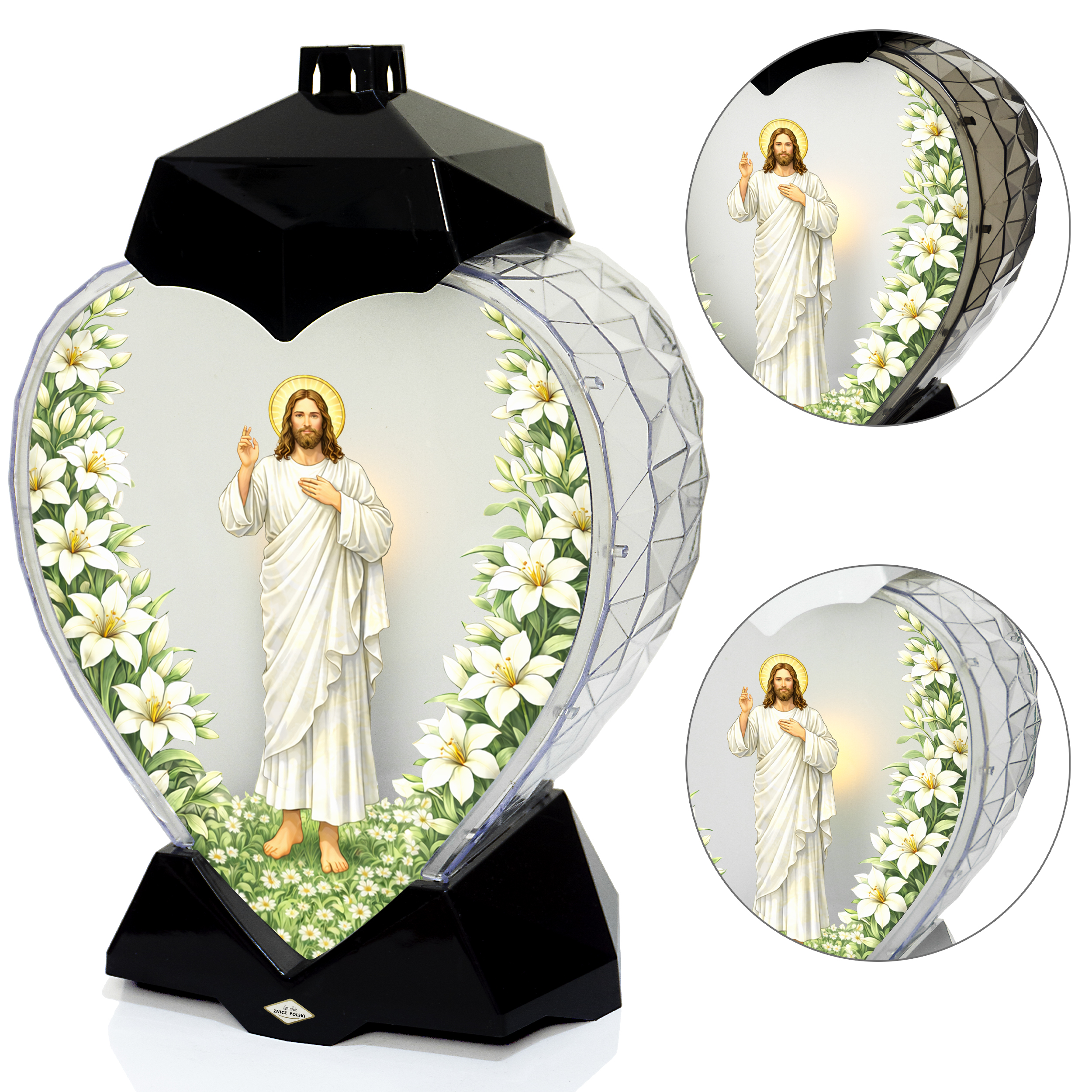 Wyjątkowy znicz wielkanocny z wizerunkiem zmartwychwstałego Jezusa i kwiatami lili