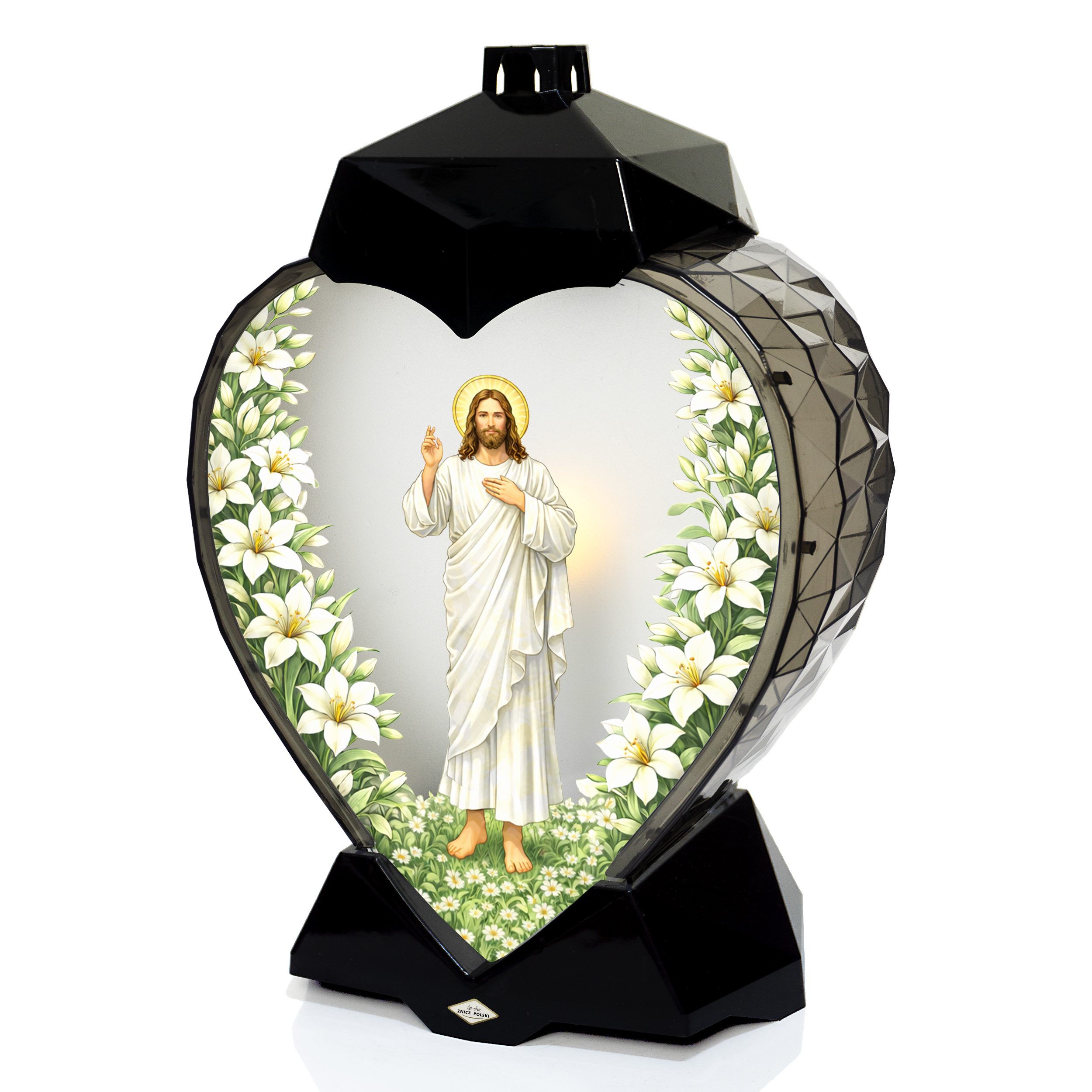 Wyjątkowy znicz wielkanocny z wizerunkiem zmartwychwstałego Jezusa i kwiatami lili