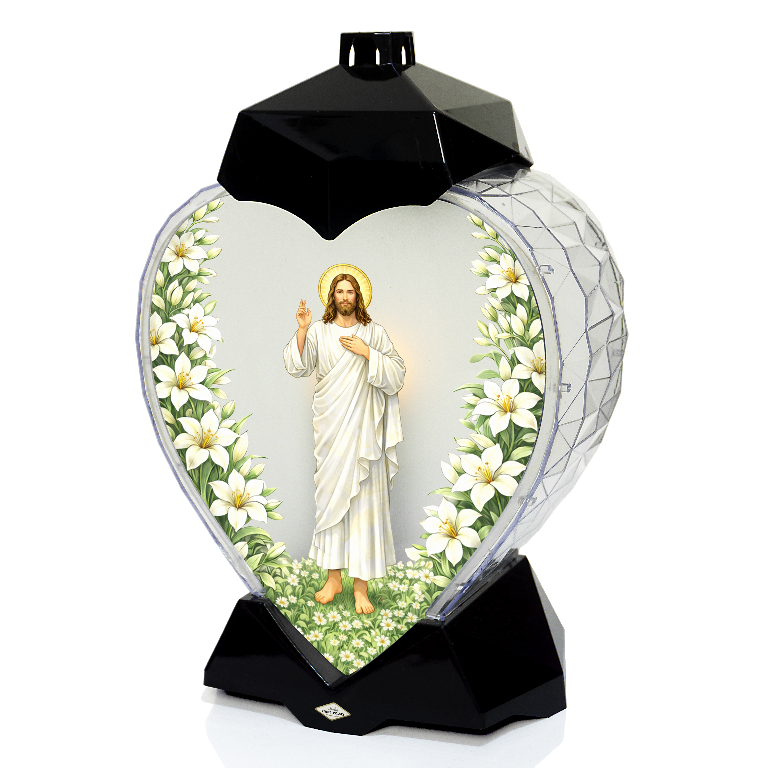 Wyjątkowy znicz wielkanocny z wizerunkiem zmartwychwstałego Jezusa i kwiatami lili