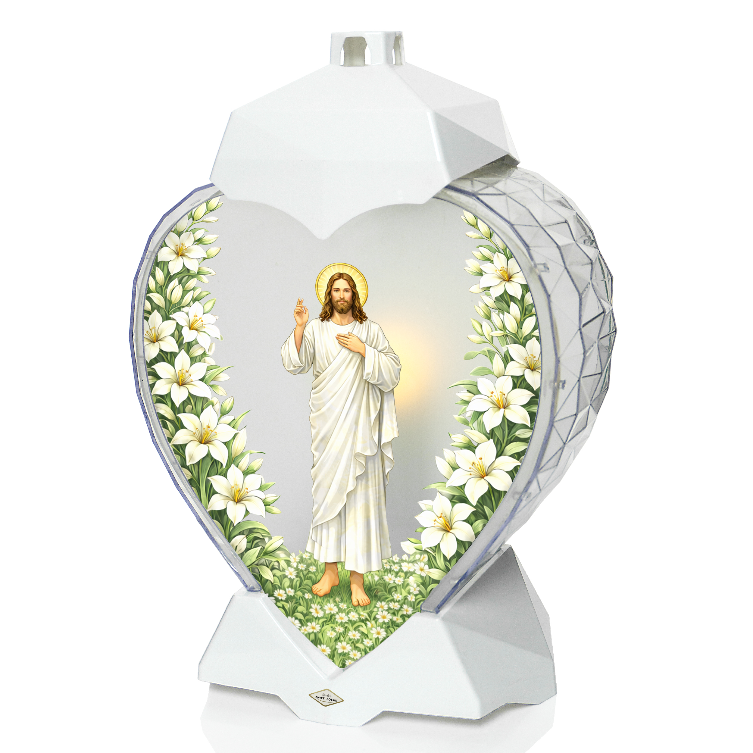 Wyjątkowy znicz wielkanocny z wizerunkiem zmartwychwstałego Jezusa i kwiatami lili