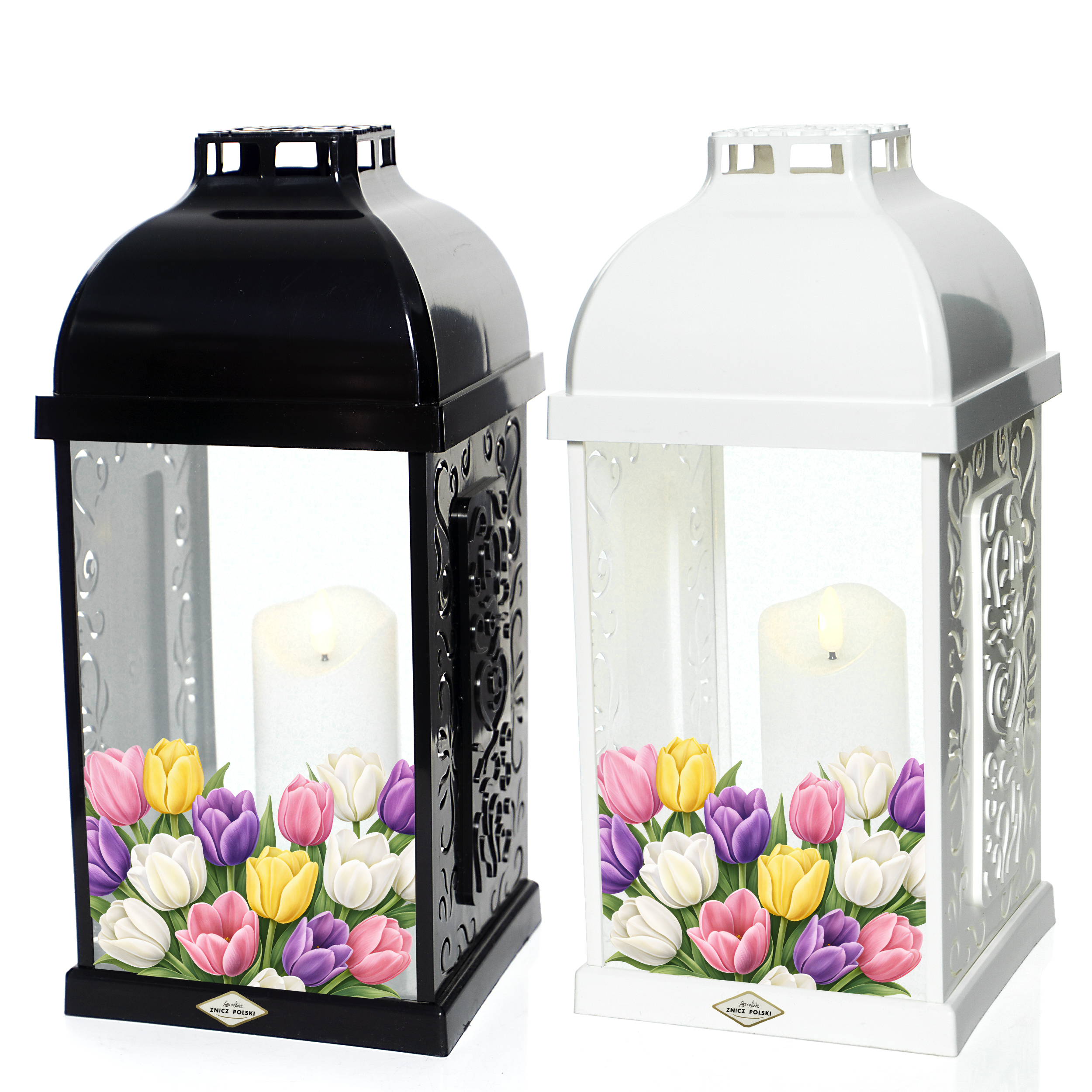 Znicz GRACJA Tulipany lampion czarny lub biały na grób wkład wymienny LED lub parafinowy