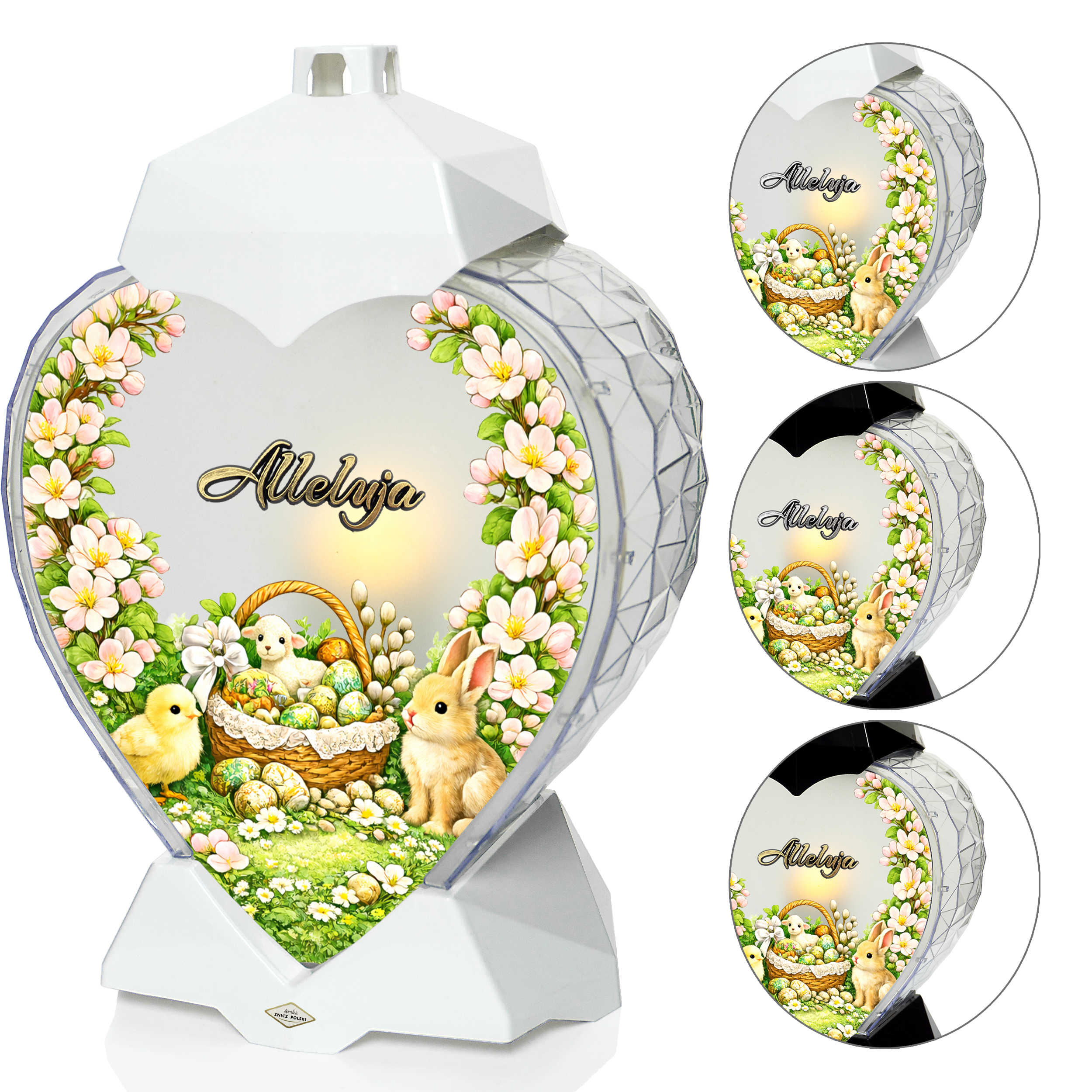 Znicz wielkanocny w kształcie serca z koszykiem wielkanocnym i kwiatami