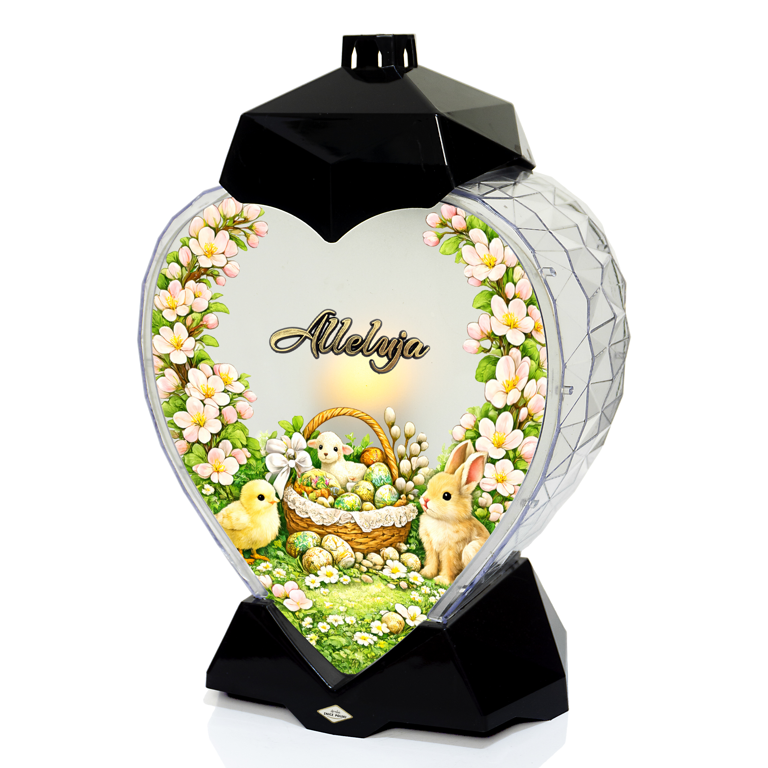 Znicz wielkanocny w kształcie serca z koszykiem wielkanocnym i kwiatami