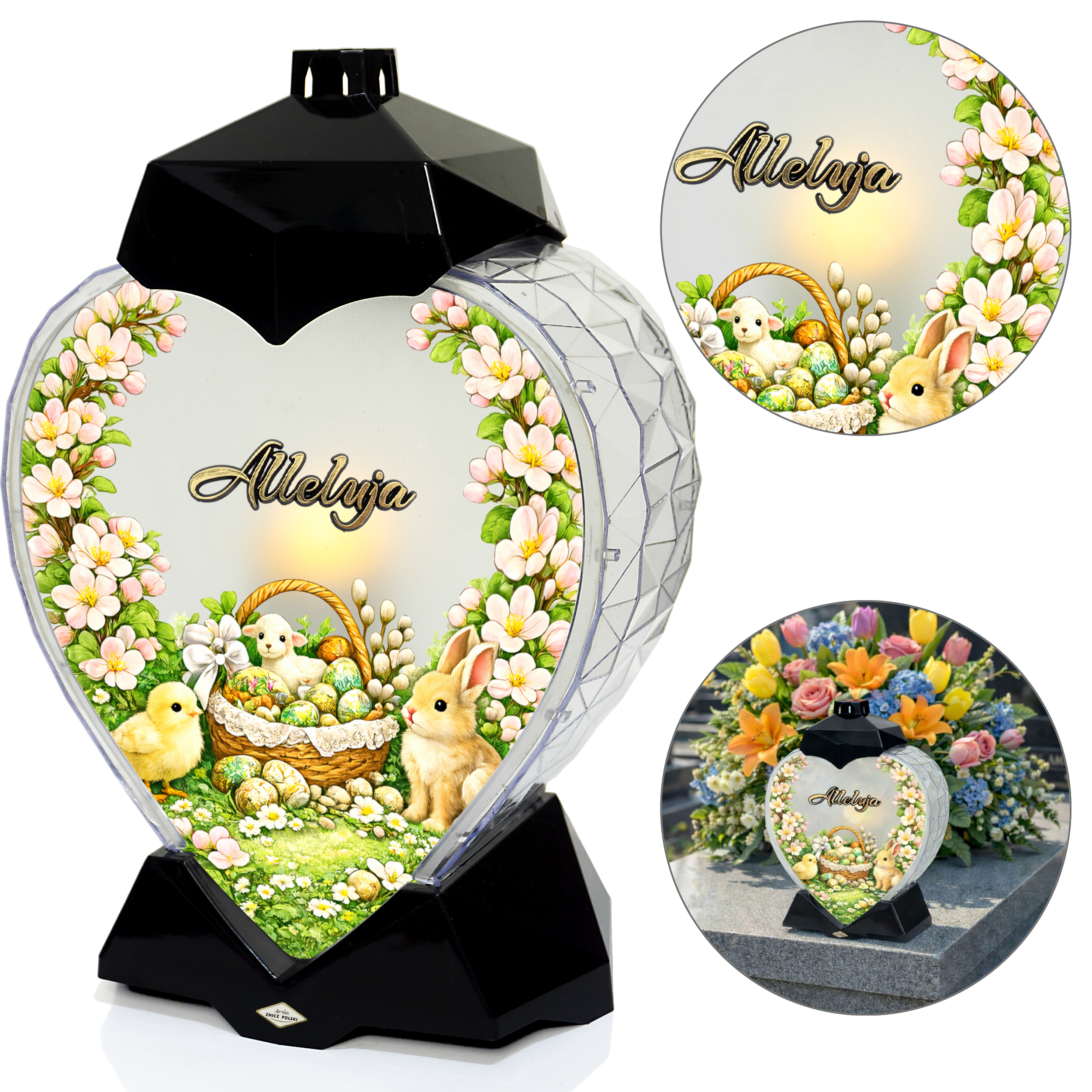 Znicz wielkanocny w kształcie serca z koszykiem wielkanocnym i kwiatami