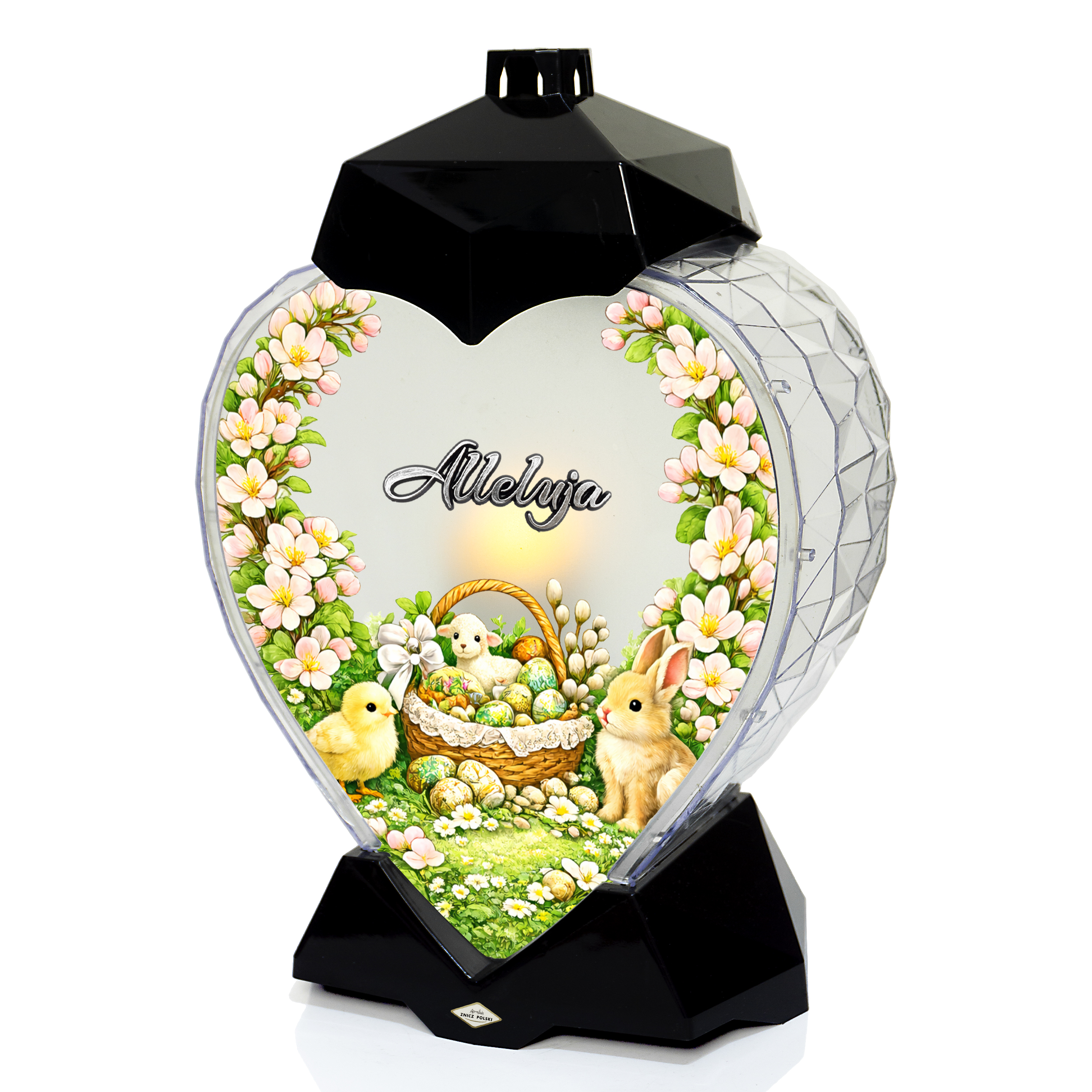 Znicz wielkanocny w kształcie serca z koszykiem wielkanocnym i kwiatami