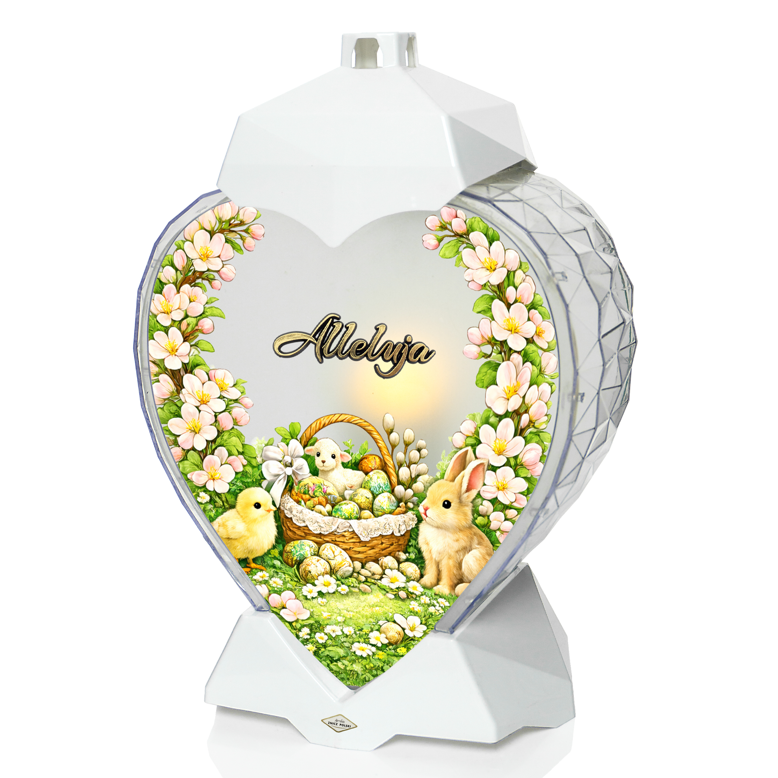Znicz wielkanocny w kształcie serca z koszykiem wielkanocnym i kwiatami