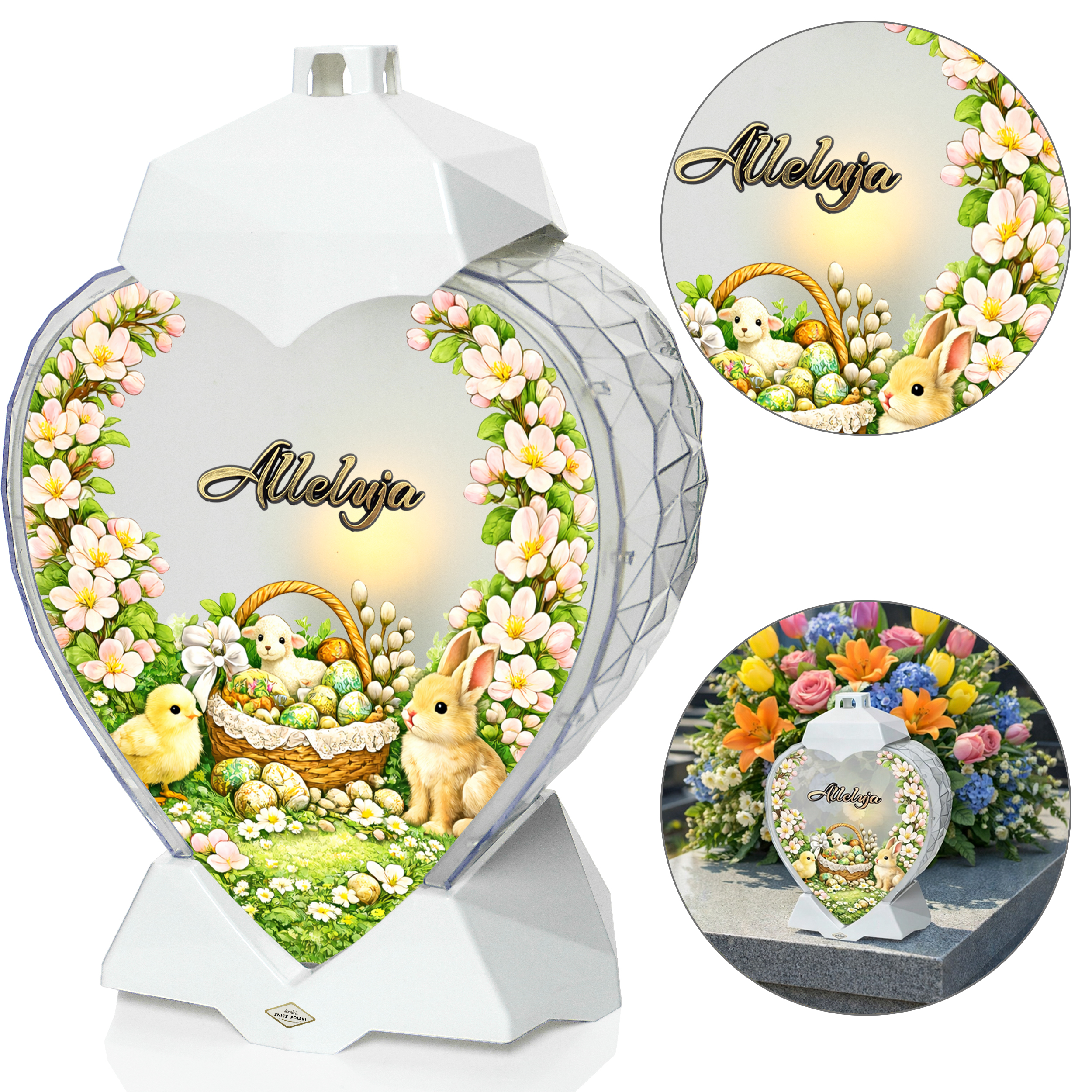 Znicz wielkanocny w kształcie serca z koszykiem wielkanocnym i kwiatami