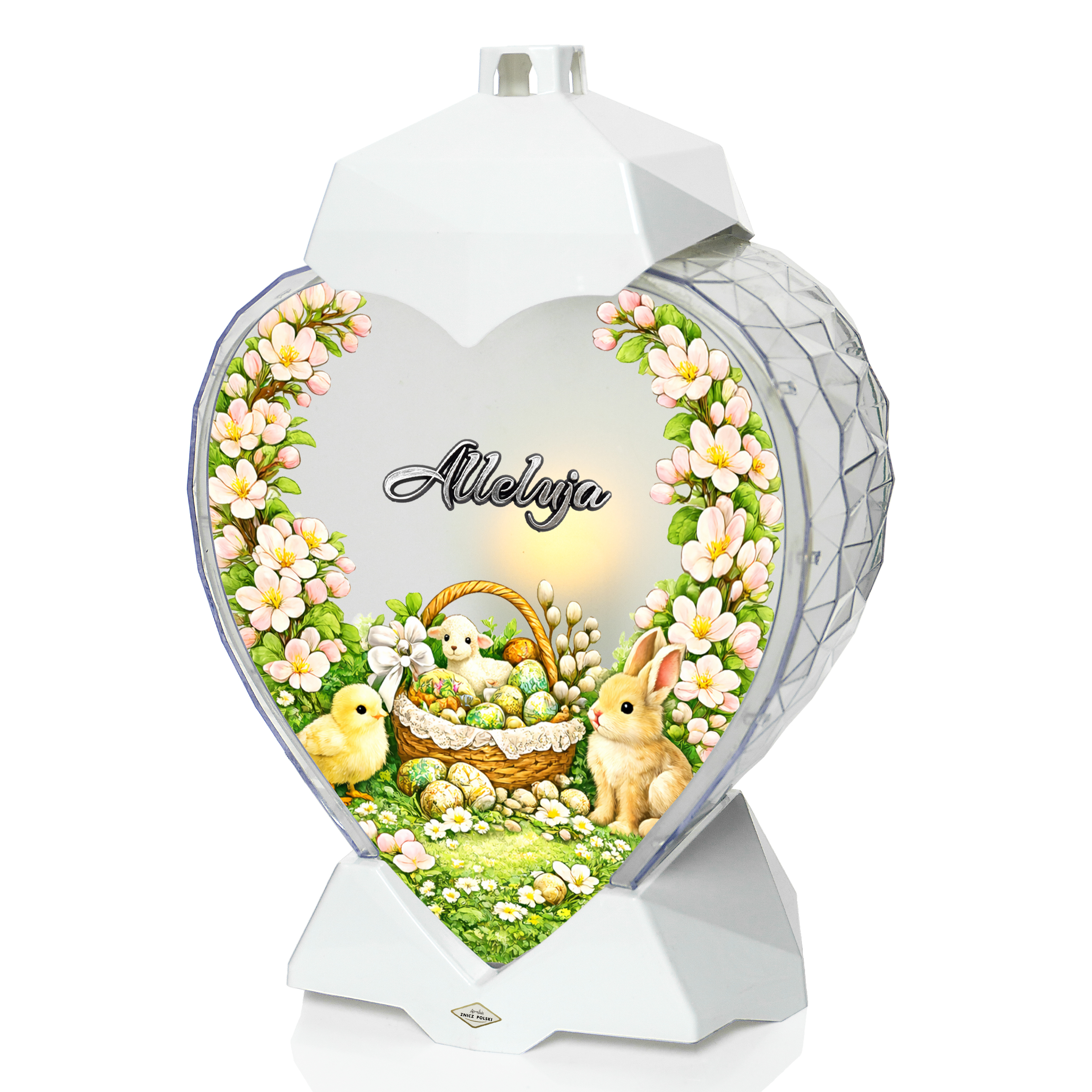 Znicz wielkanocny w kształcie serca z koszykiem wielkanocnym i kwiatami
