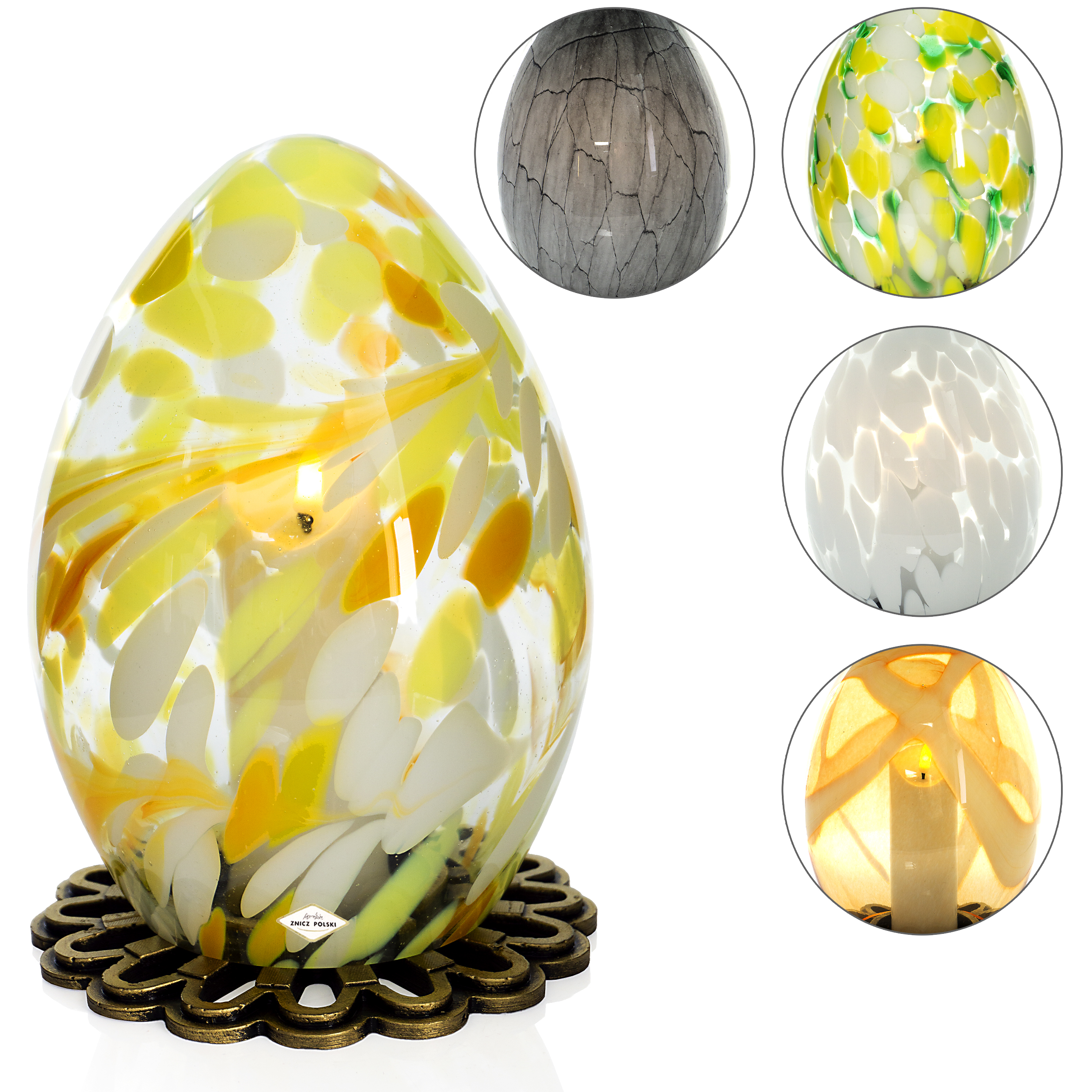 Wyjątkowy wielkanocny znicz artystyczny w formie dużej pisanki wykonany z grubego szkła artystycznego 27cm
