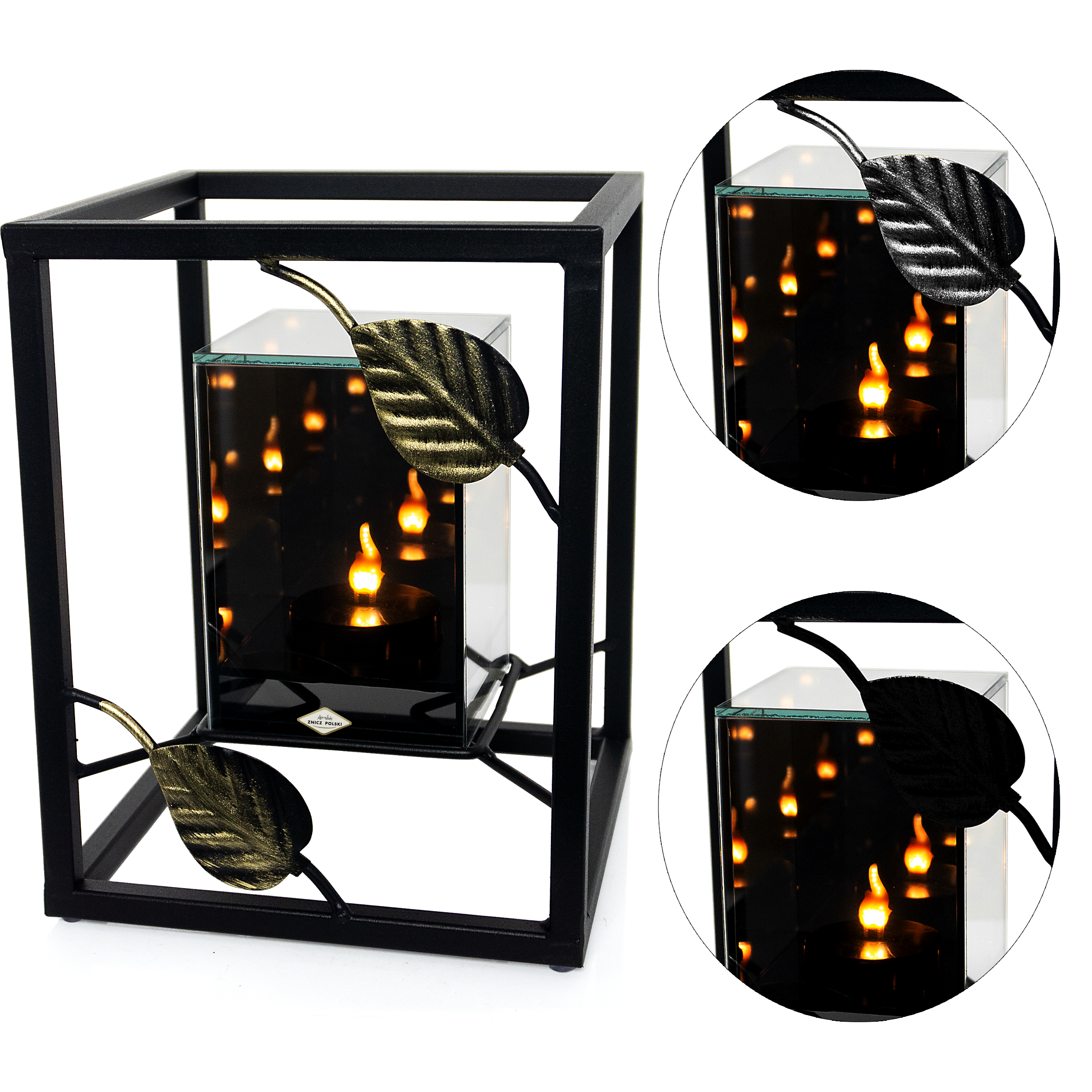 Metalowy znicz w formie sześcianu z ozdobnymi liśmi i LED infinity