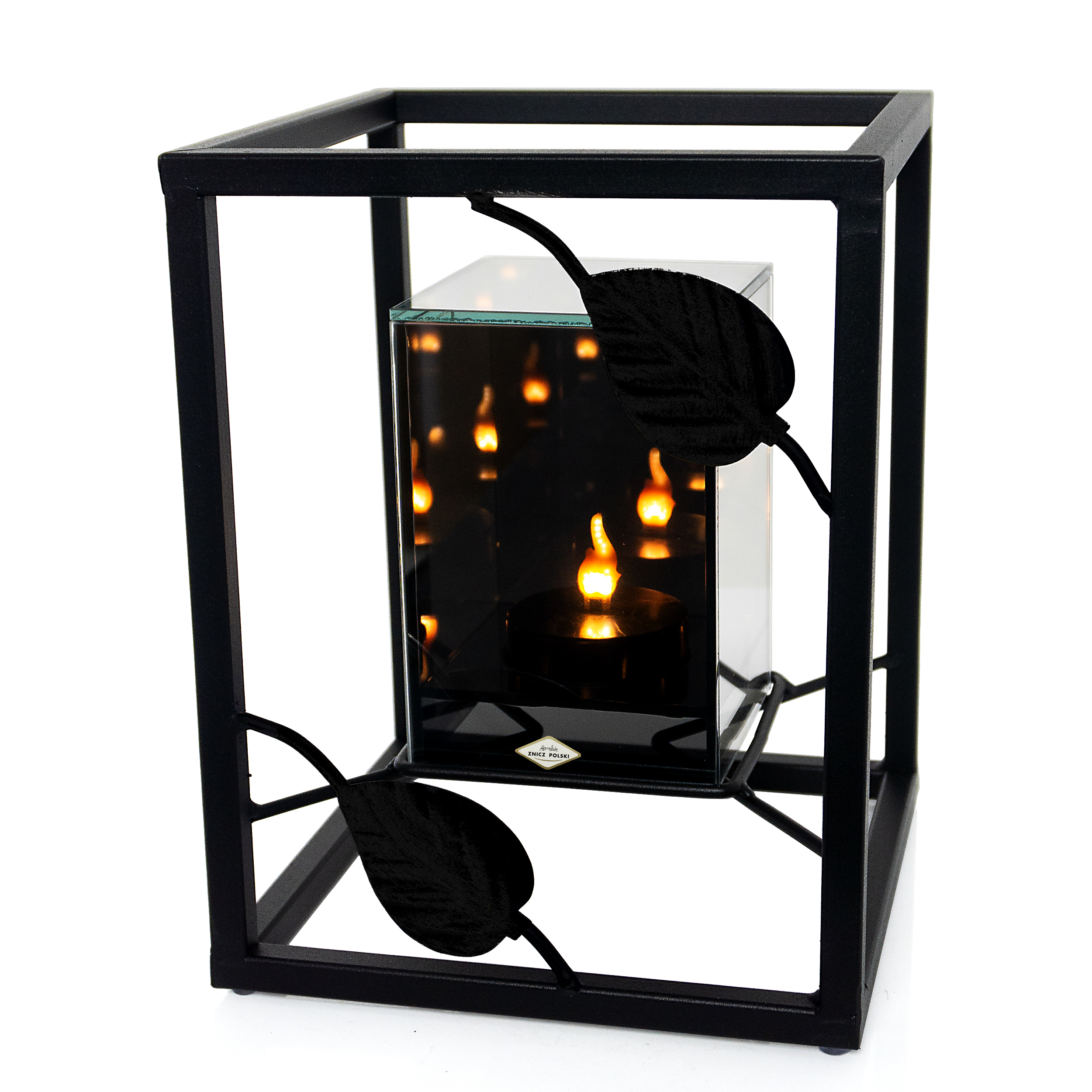 Metalowy znicz w formie sześcianu z ozdobnymi liśmi i LED infinity