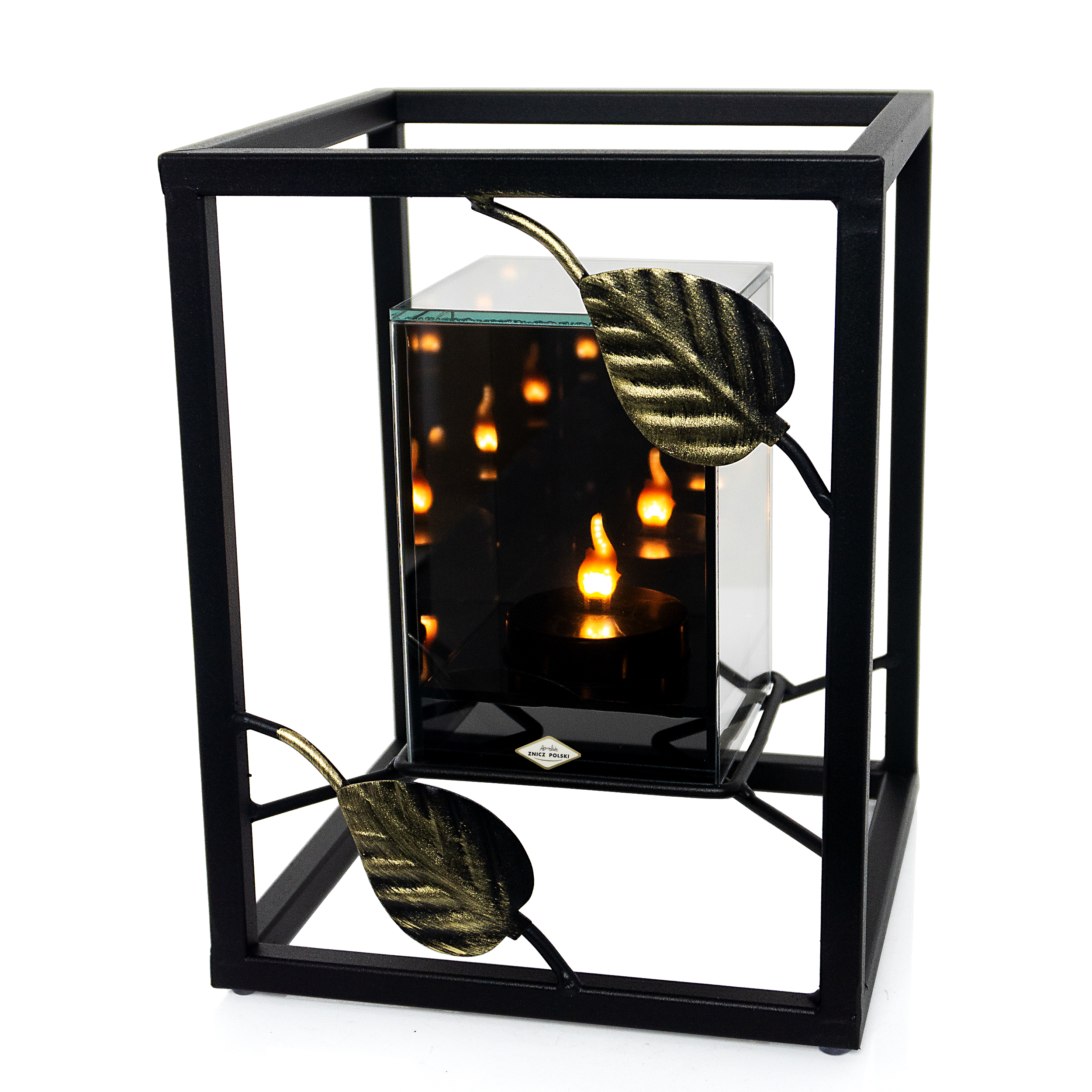 Metalowy znicz w formie sześcianu z ozdobnymi liśmi i LED infinity