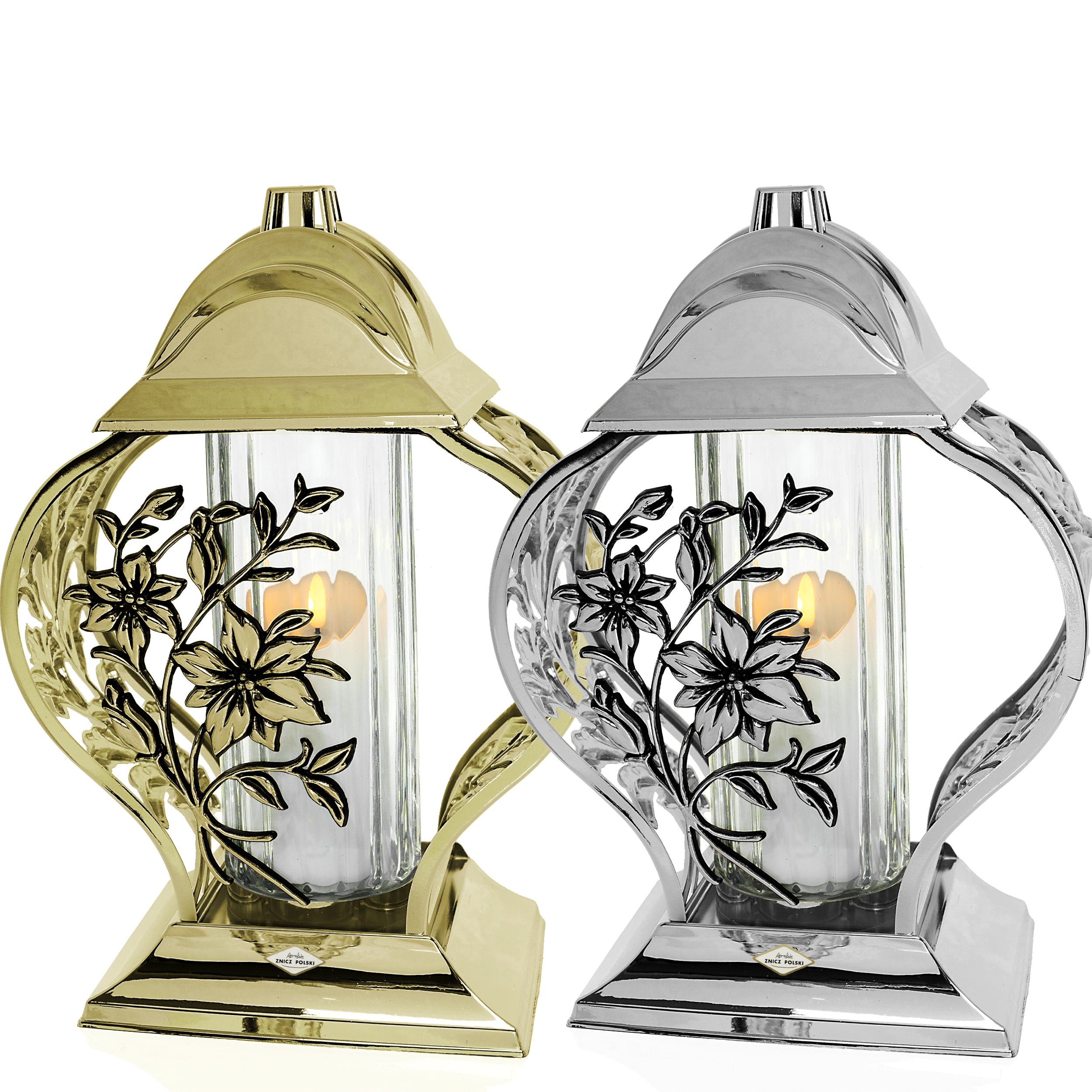 Znicz serce metaliczne złote lub srebrne z kwiatami lilii