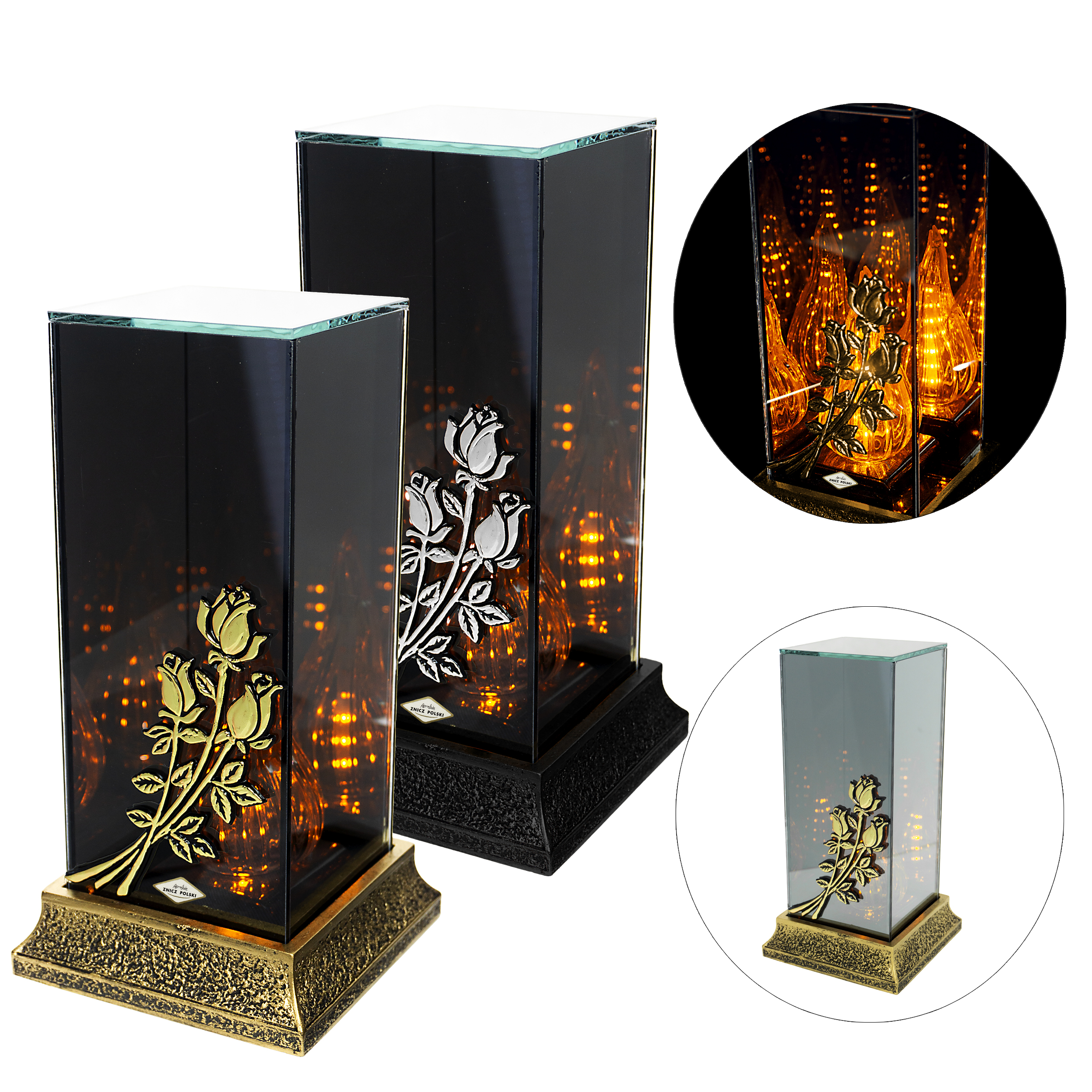 Znicz LED 3D róże premium + podstawa z żywicy | efekt nieskończoności, lampion nagrobny