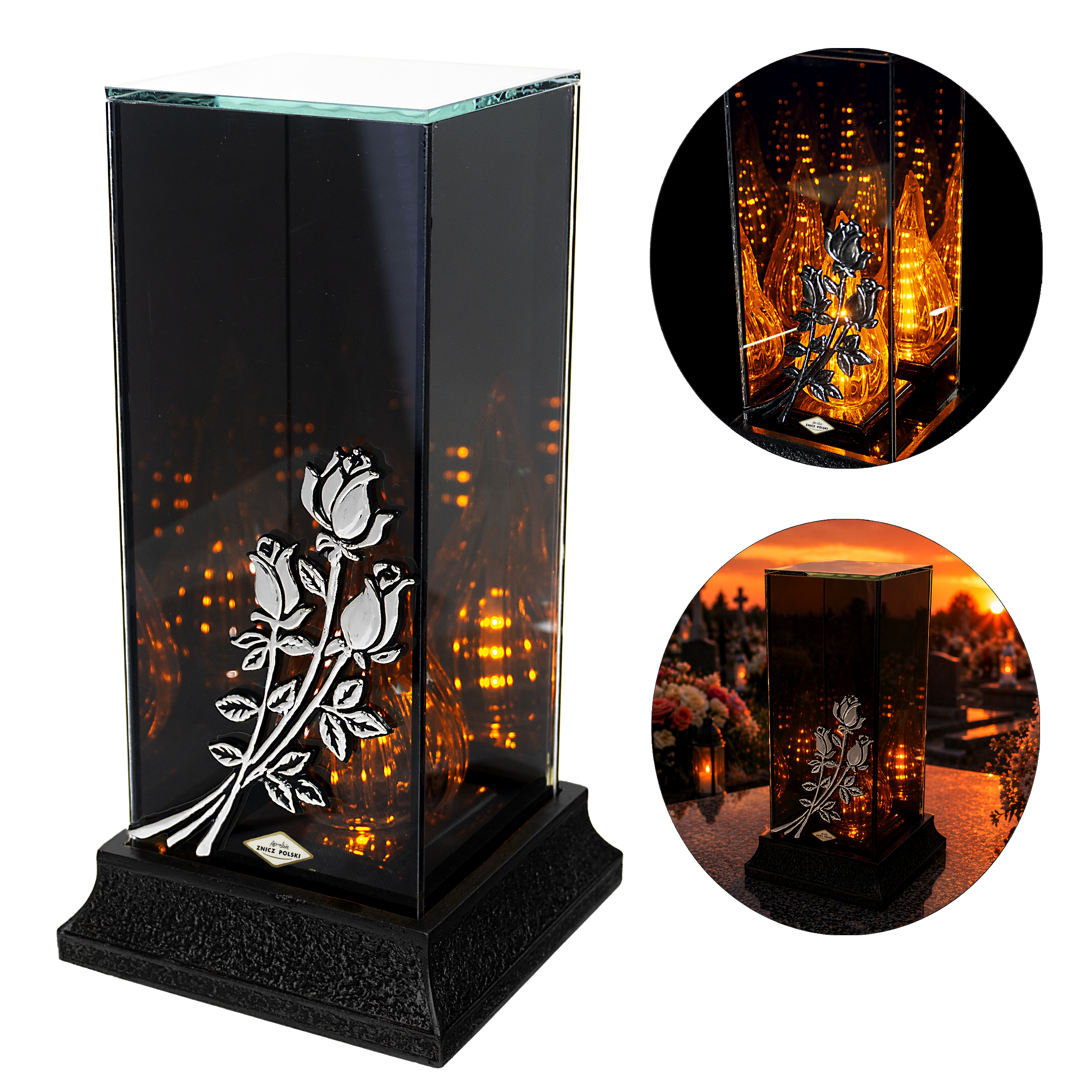 Znicz LED 3D róże premium + podstawa z żywicy | efekt nieskończoności, lampion nagrobny