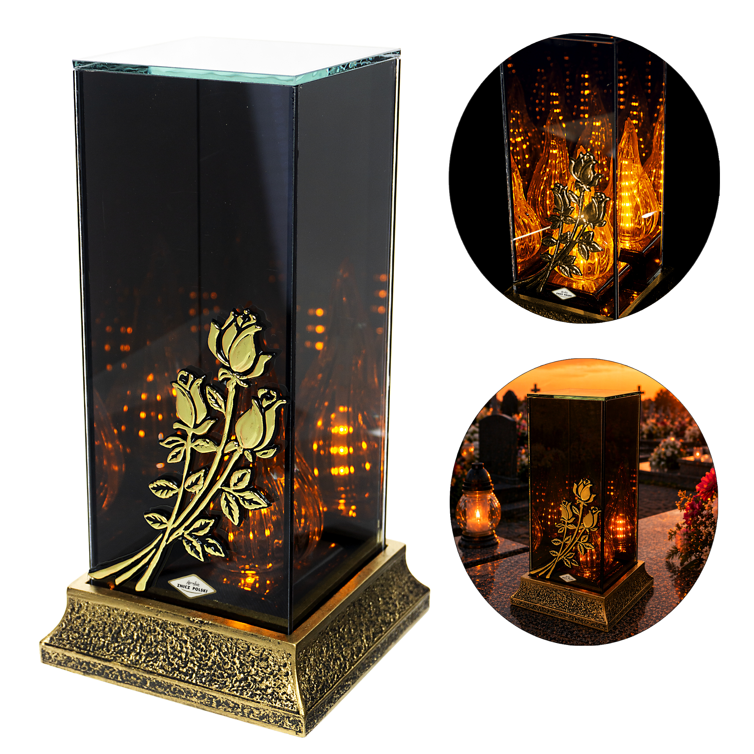 Znicz LED 3D róże premium + podstawa z żywicy | efekt nieskończoności, lampion nagrobny