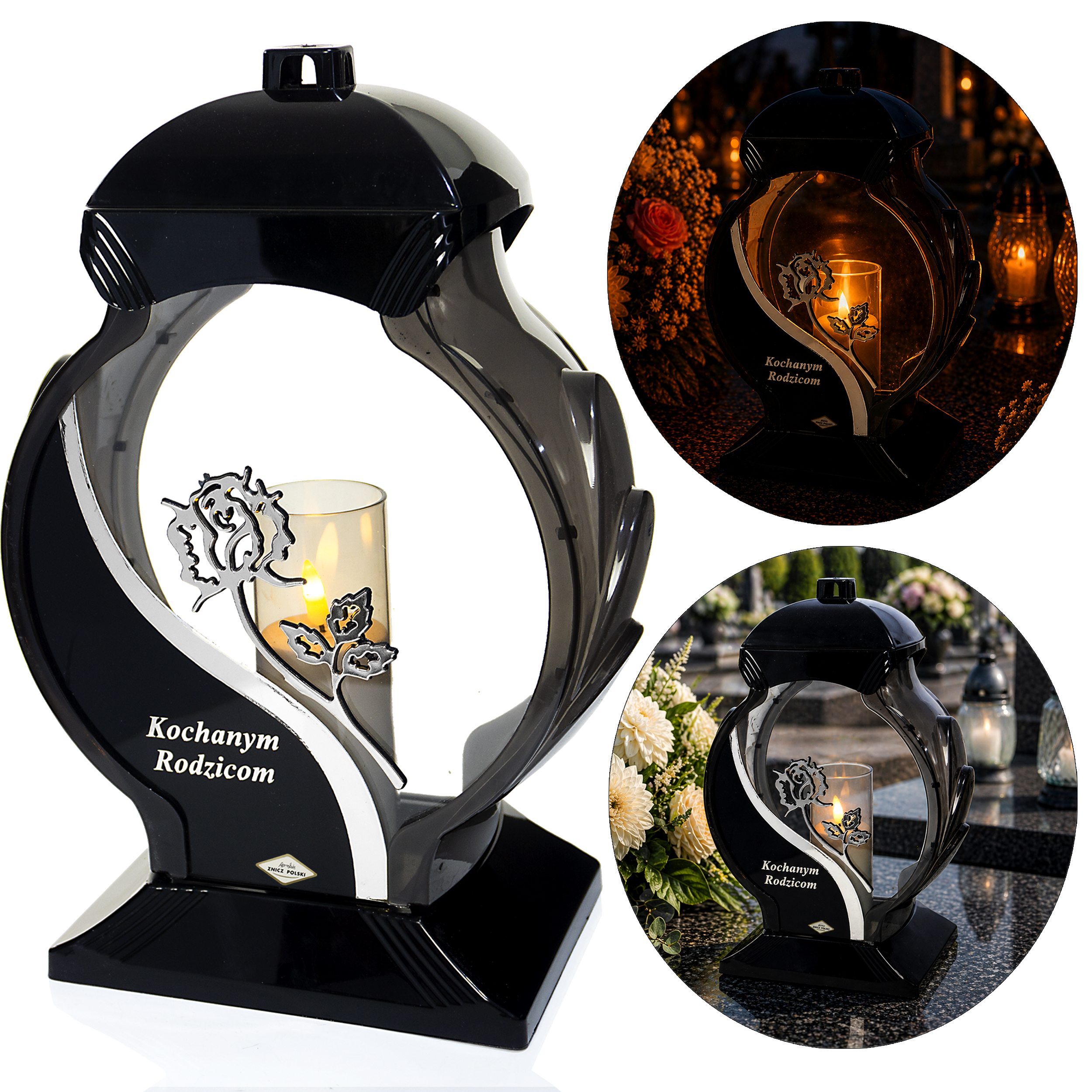 Elegancki znicz nagrobny z dedykacją dla rodziców OB FALA RÓŻA RODZICOM