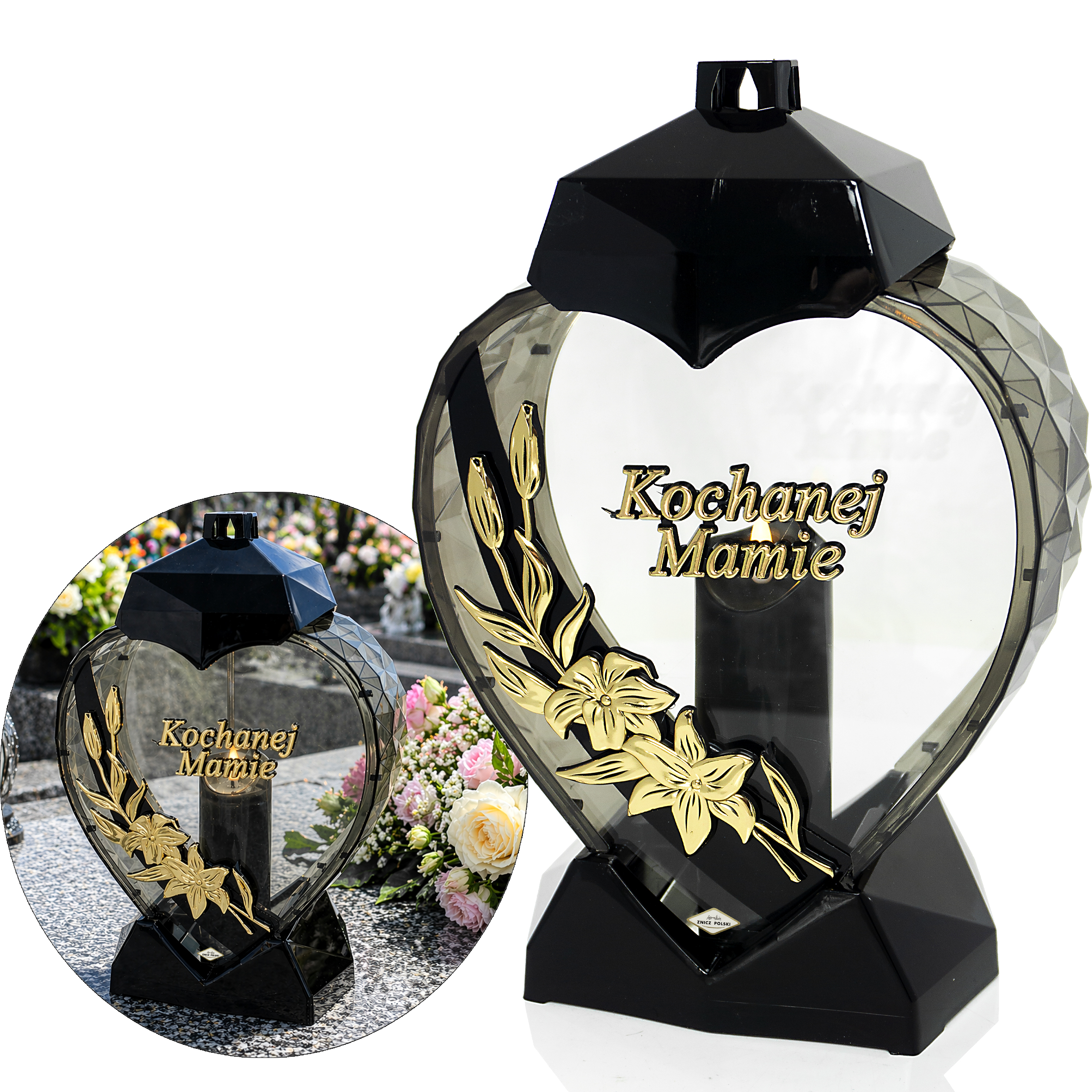 Znicz Serce LED Kochanej Mamie Złoty Nowoczesny Znicz na Grób Dzień Matki