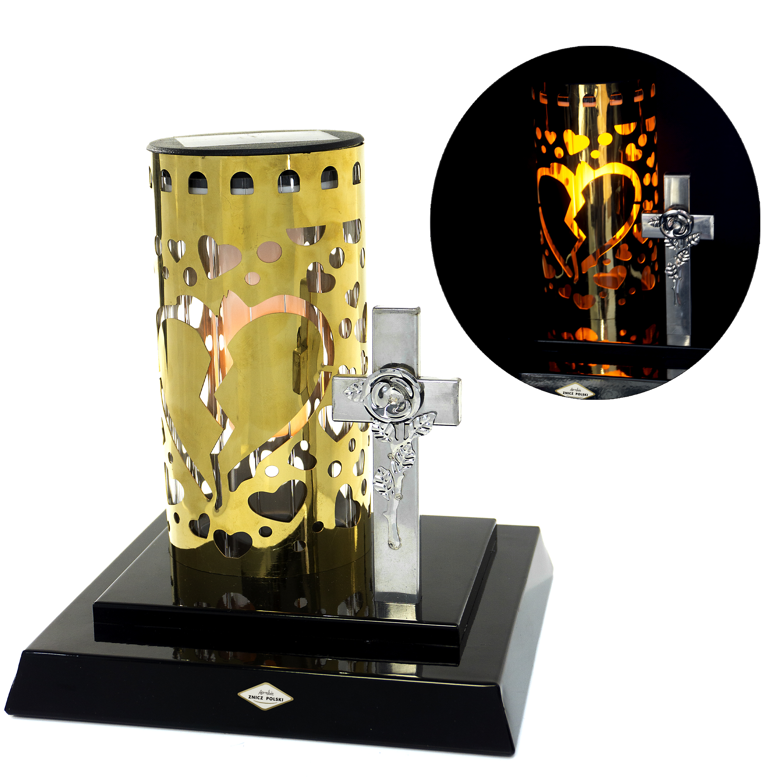 Znicz solarny LED premium złoty SERCE + krzyż nagrobny | nowoczesny, całoroczny, bez kabli