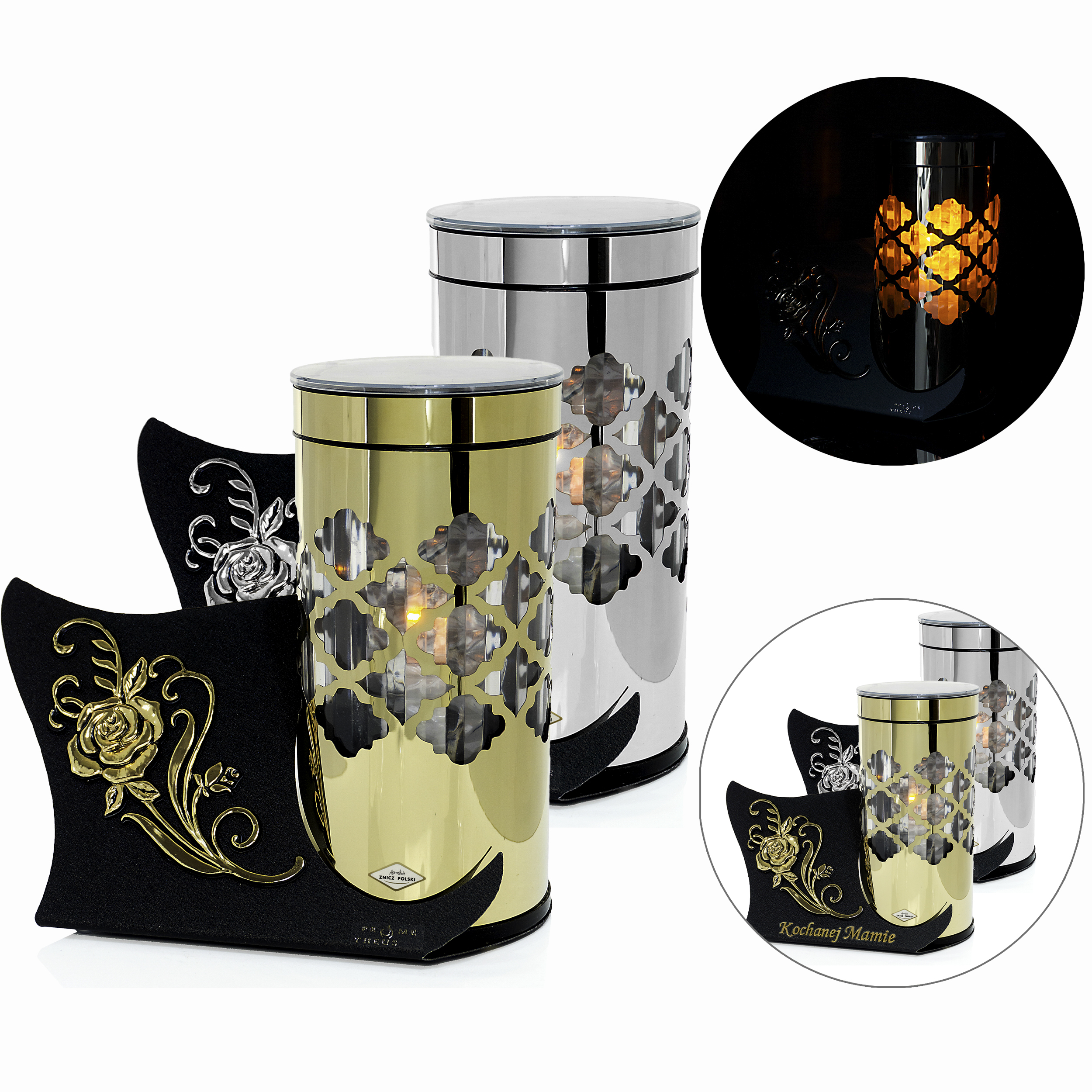 Nowoczesny znicz solarny LED PARIS – wersja złota i srebrna | dla Mamy/Taty