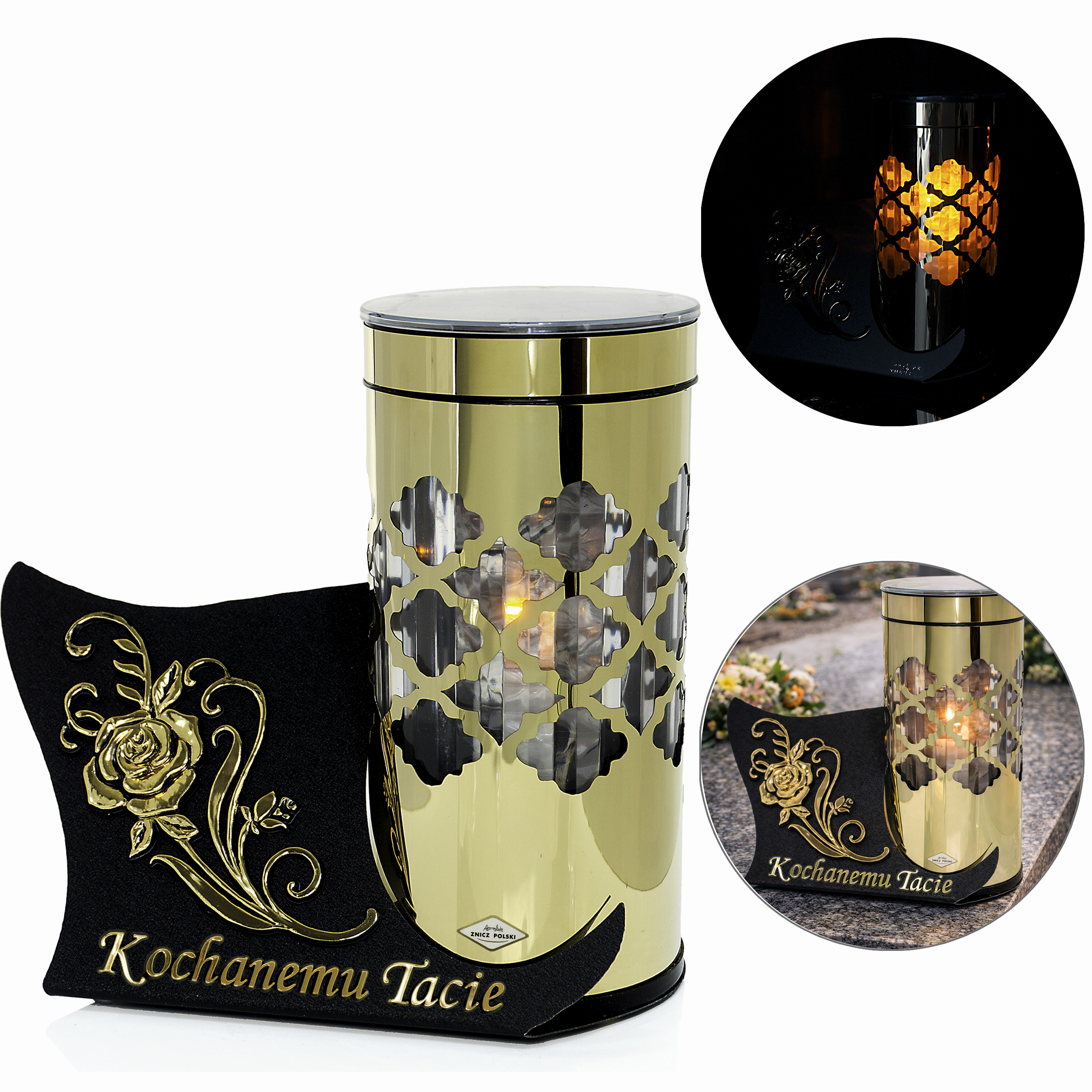 Nowoczesny znicz solarny LED PARIS – wersja złota i srebrna | dla Mamy/Taty