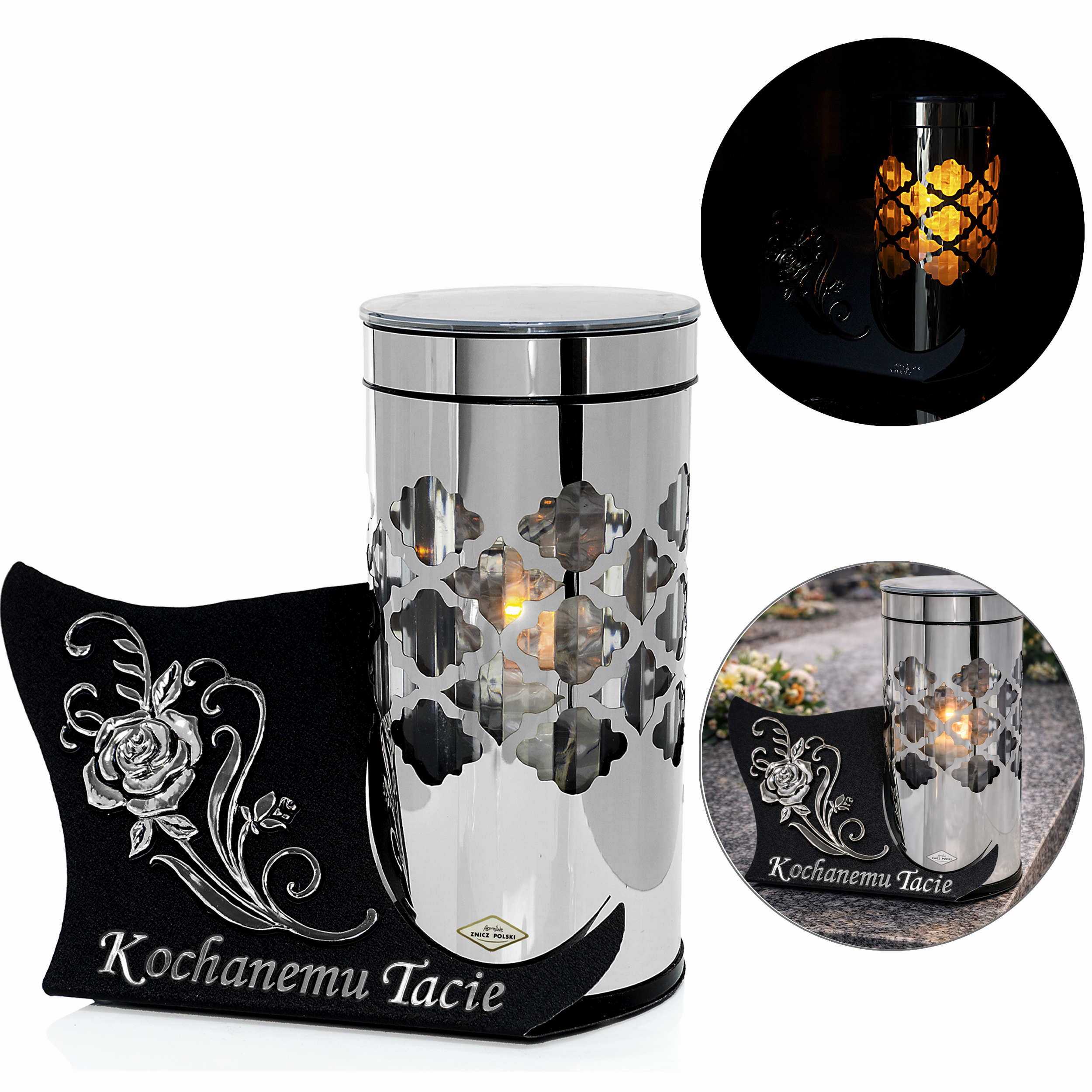 Nowoczesny znicz solarny LED PARIS – wersja złota i srebrna | dla Mamy/Taty