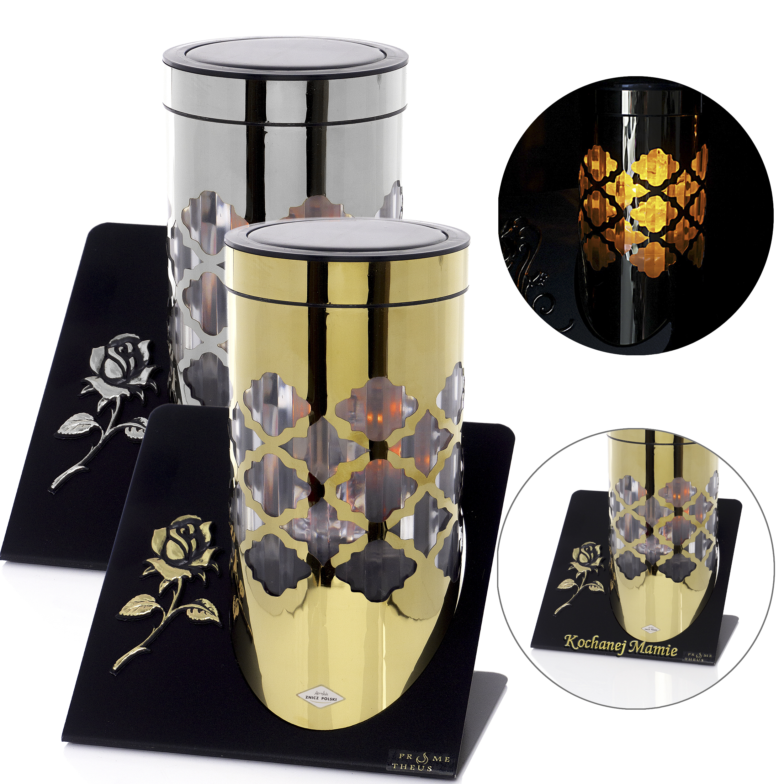 Elegancki i nowoczesny duży nagrobny metalowy znicz solarny z efektem płomienia SOLAR PARIS C RÓŻA