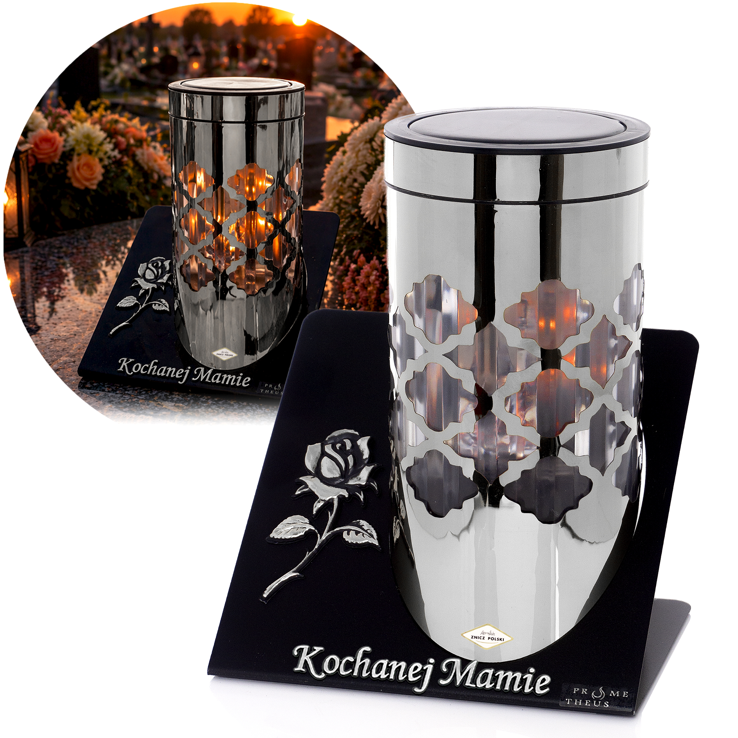 Elegancki i nowoczesny duży nagrobny metalowy znicz solarny z efektem płomienia SOLAR PARIS C RÓŻA