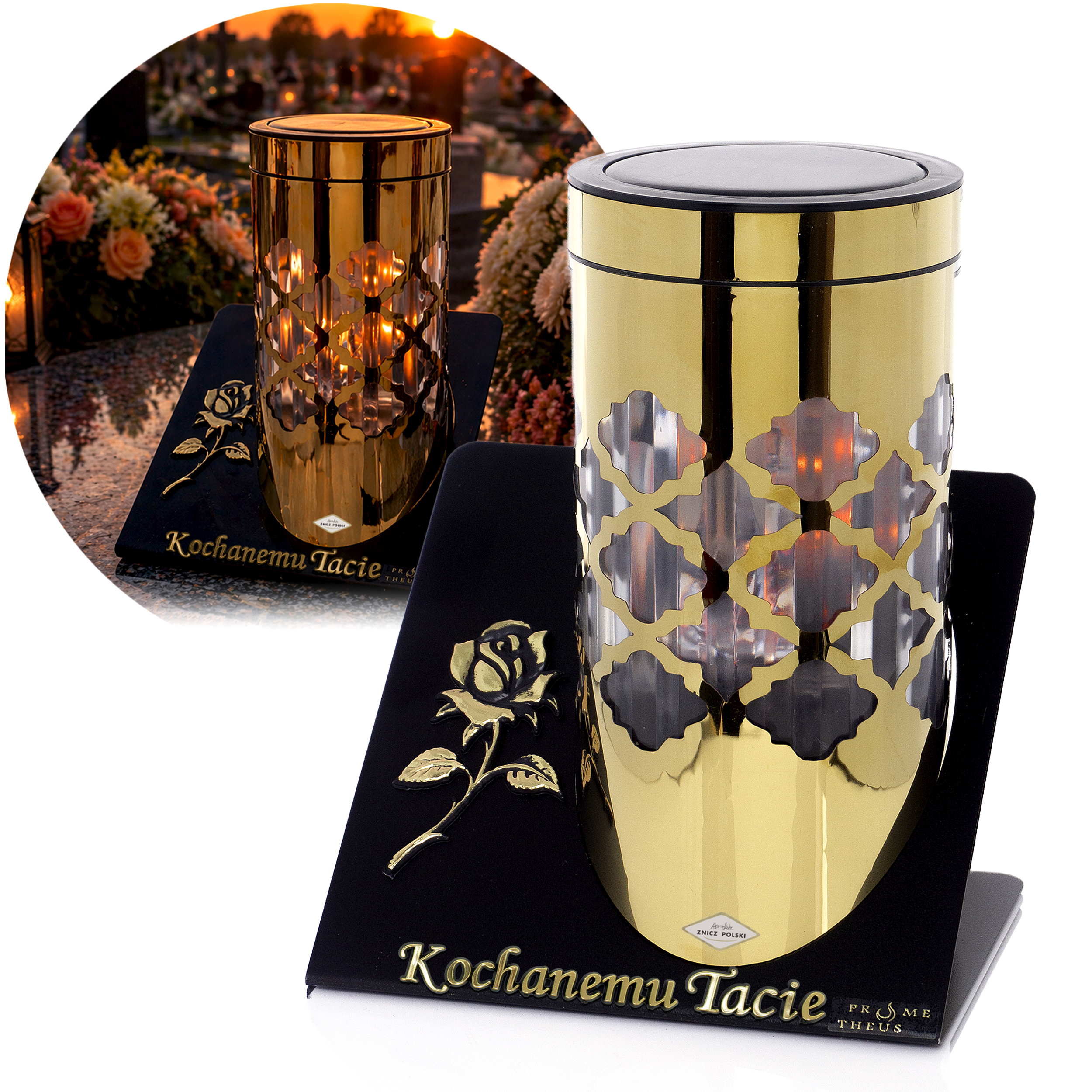 Elegancki i nowoczesny duży nagrobny metalowy znicz solarny z efektem płomienia SOLAR PARIS C RÓŻA