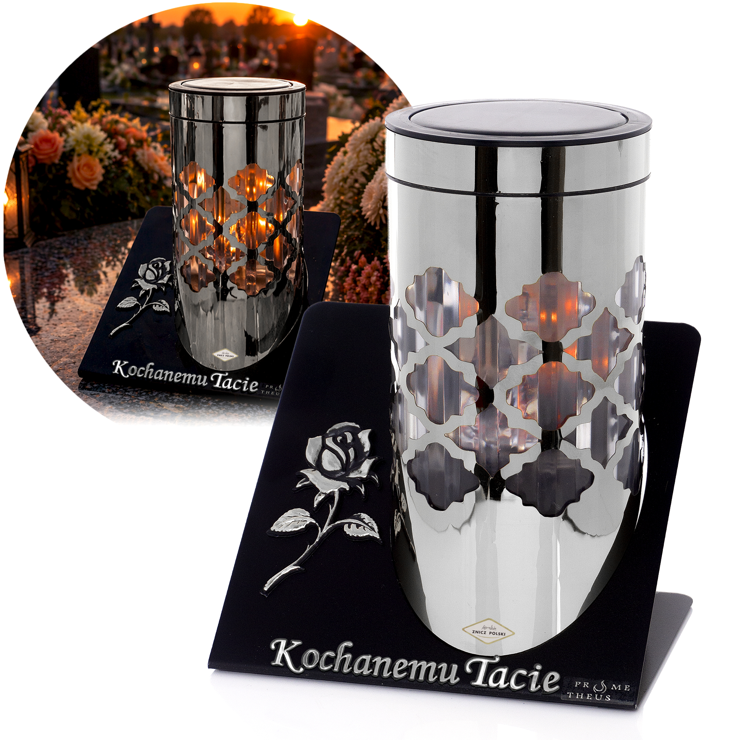 Elegancki i nowoczesny duży nagrobny metalowy znicz solarny z efektem płomienia SOLAR PARIS C RÓŻA