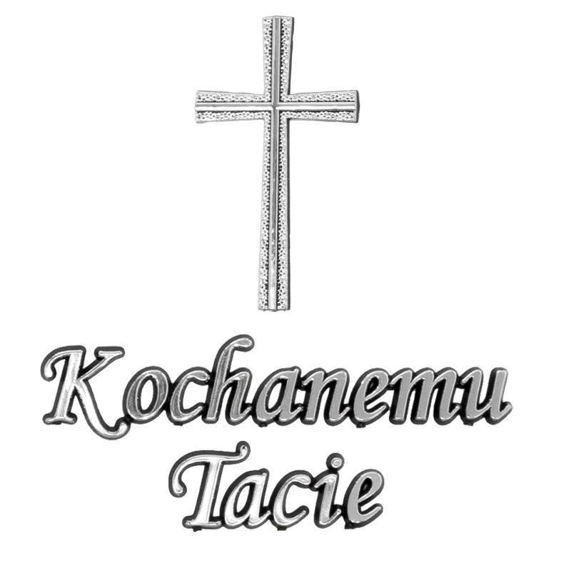 Aplikacja napis KT + KRZYŻ srebrny