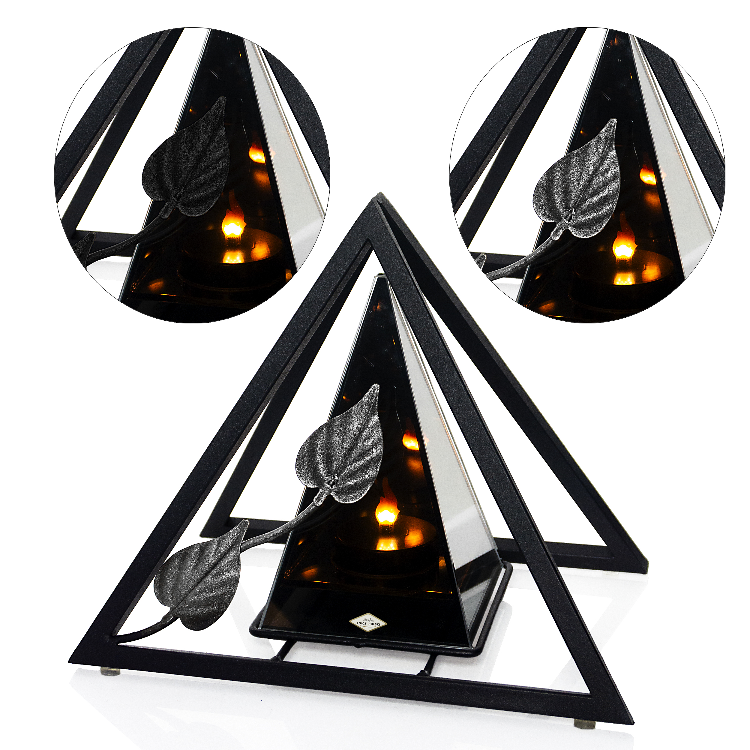 Znicz metalowy 3D LED – trójkąt z liściem | nowoczesny lampion nagrobny (3 kolory)