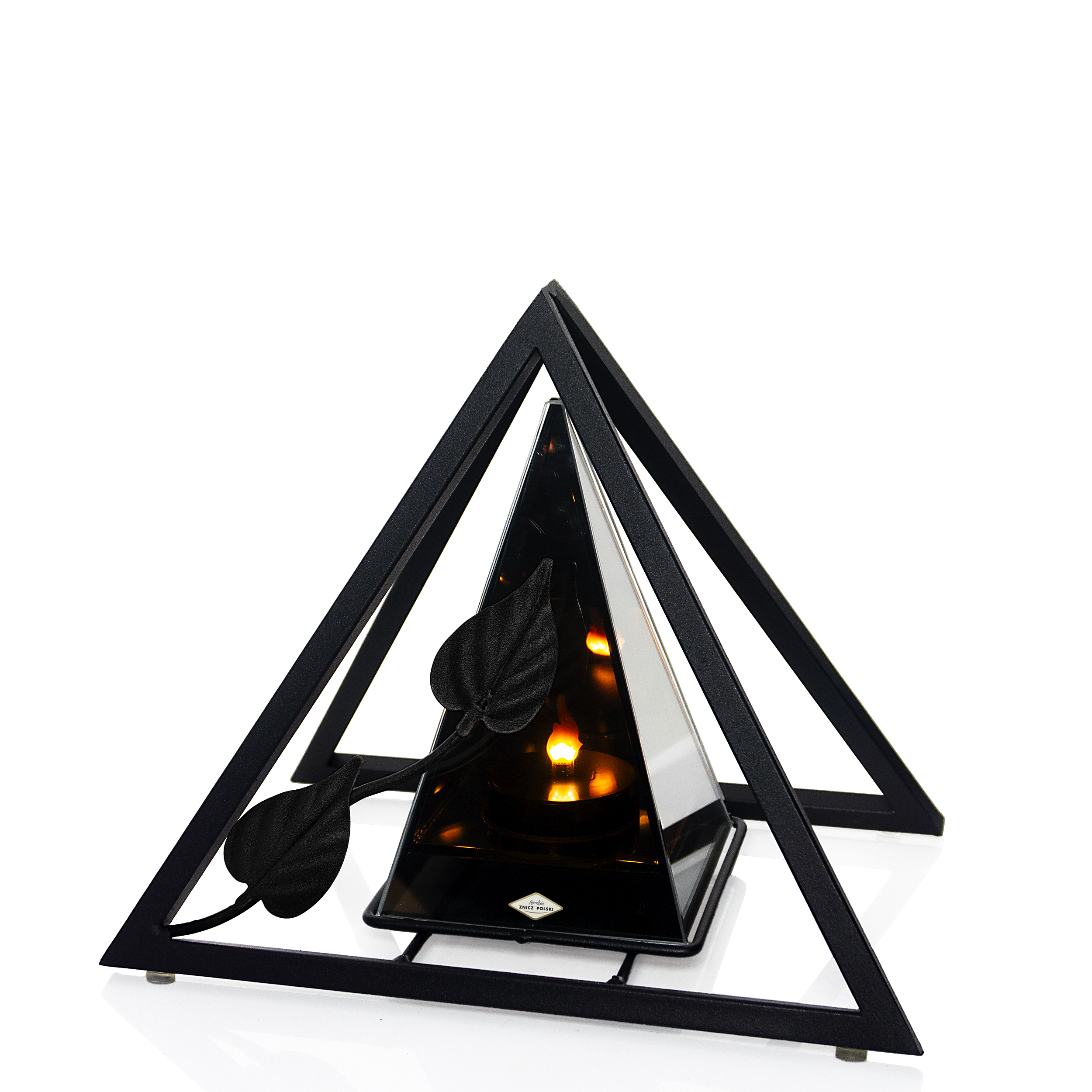 Znicz metalowy 3D LED – trójkąt z liściem | nowoczesny lampion nagrobny (3 kolory)