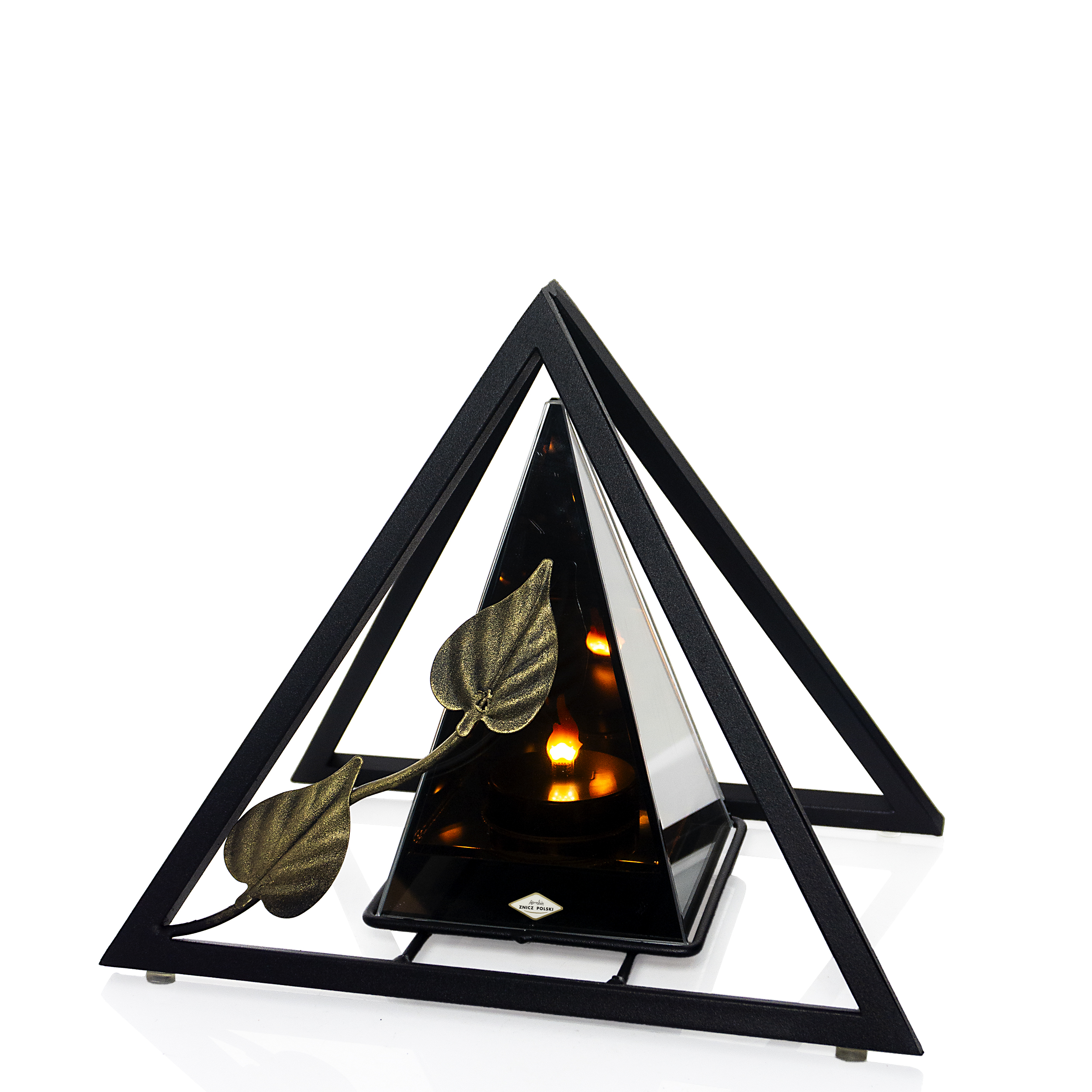 Znicz metalowy 3D LED – trójkąt z liściem | nowoczesny lampion nagrobny (3 kolory)