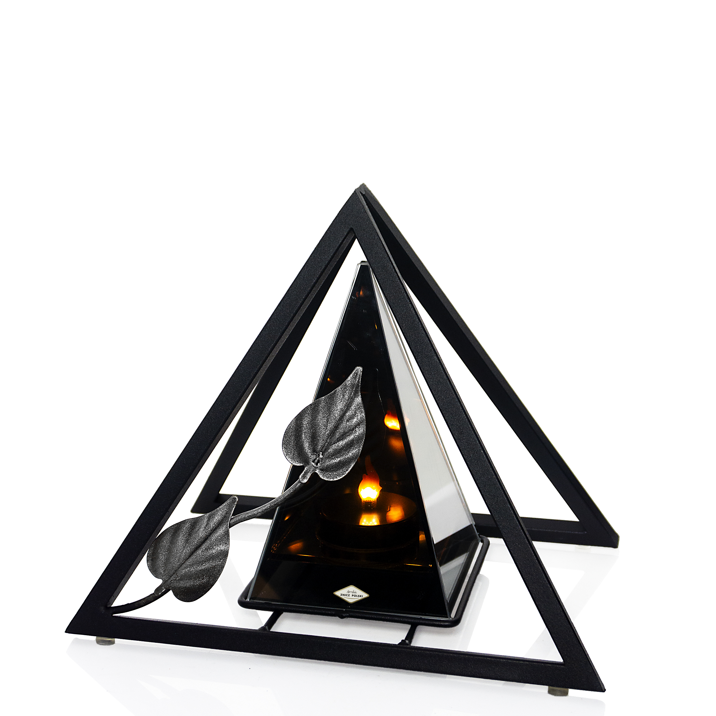 Znicz metalowy 3D LED – trójkąt z liściem | nowoczesny lampion nagrobny (3 kolory)