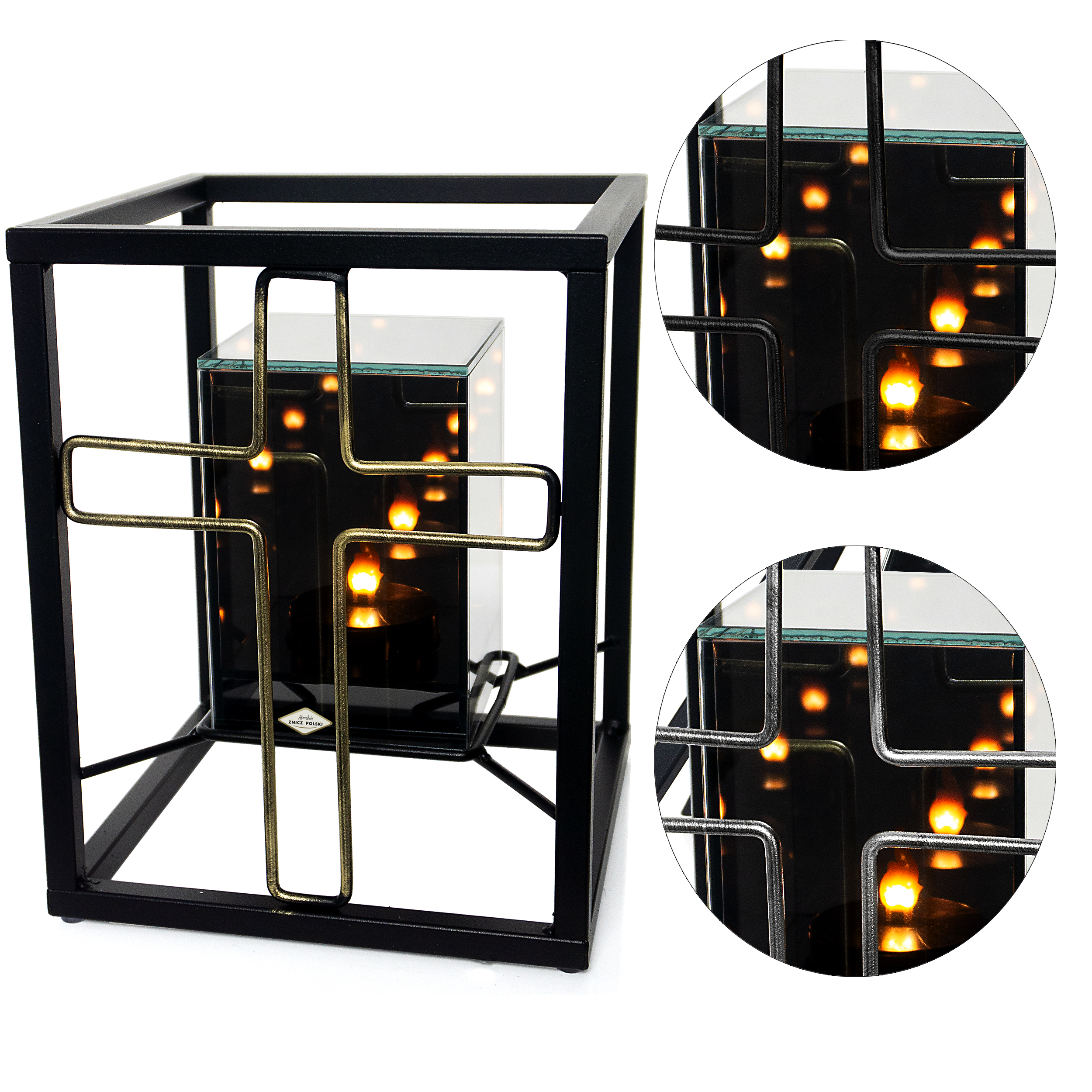 Metalowy znicz w formie sześcianu z ozdobnymym KRZYŻEM i LED 3D