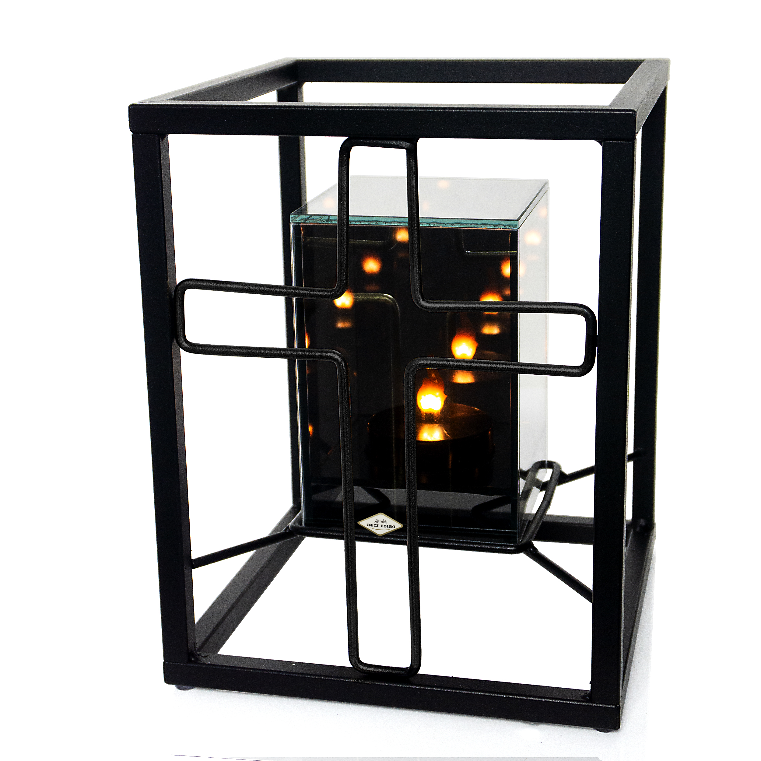 Metalowy znicz w formie sześcianu z ozdobnymym KRZYŻEM i LED 3D