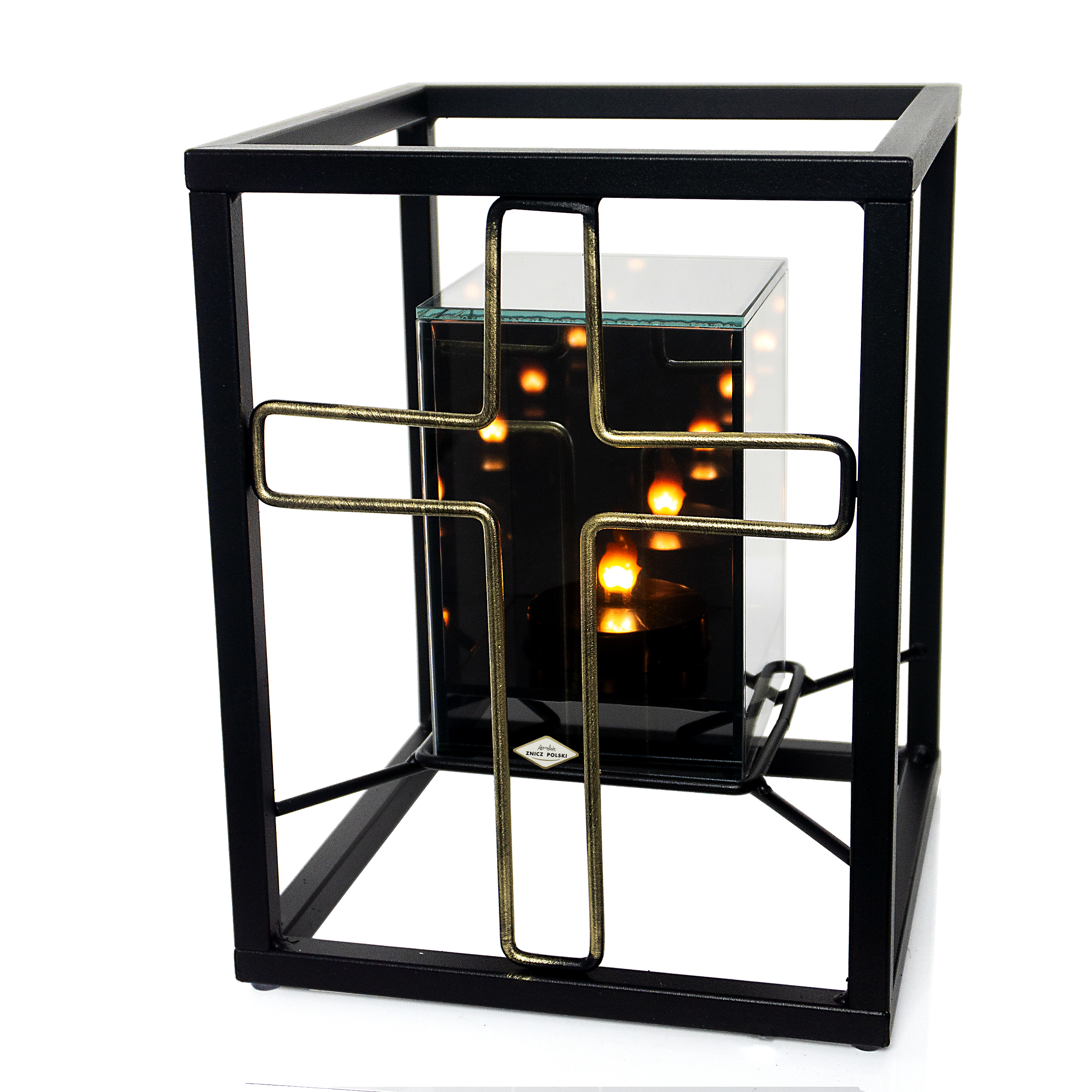 Metalowy znicz w formie sześcianu z ozdobnymym KRZYŻEM i LED 3D