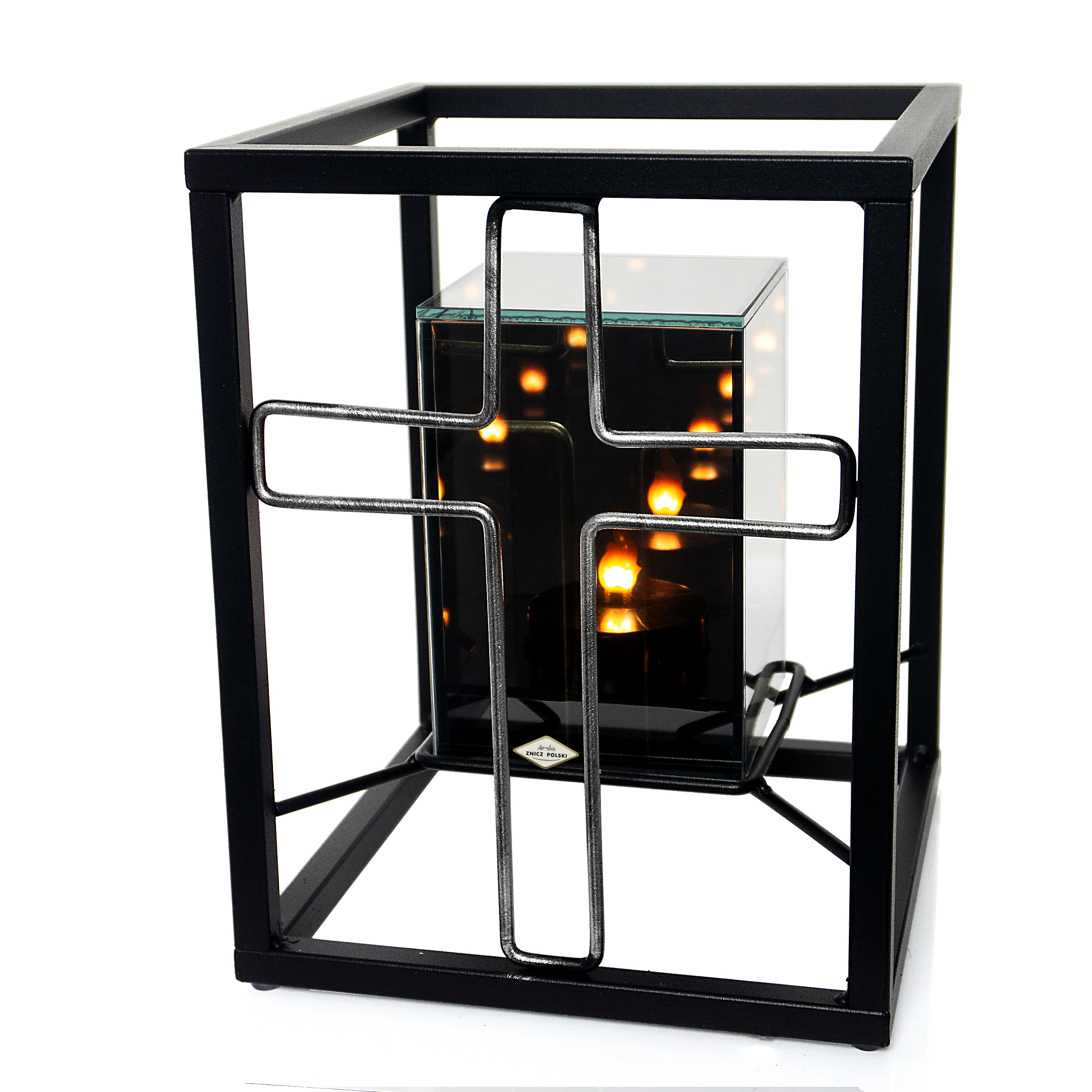 Metalowy znicz w formie sześcianu z ozdobnymym KRZYŻEM i LED 3D