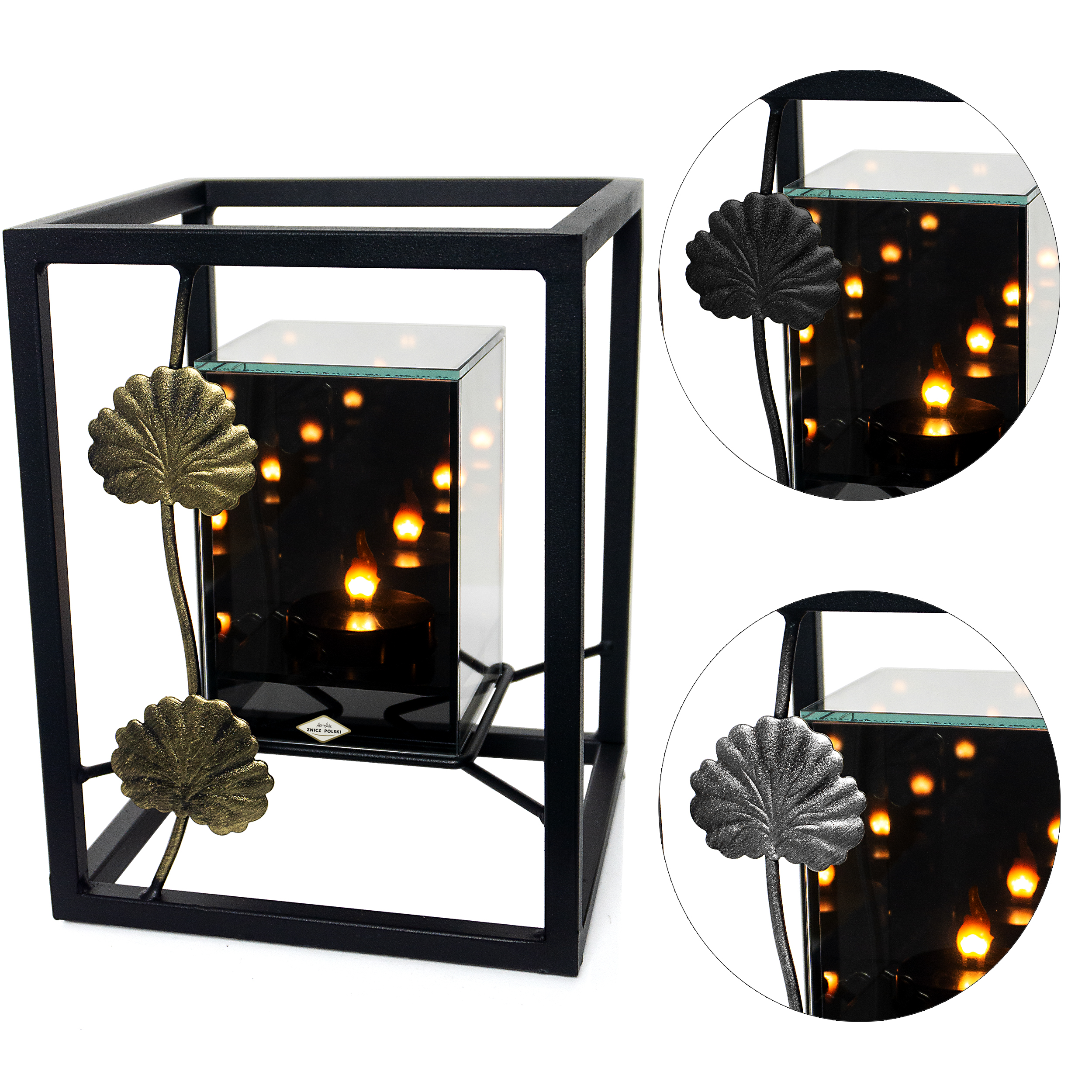 Znicz metalowy 3D LED – liść pelargonii | nowoczesny lampion nagrobny (3 kolory)