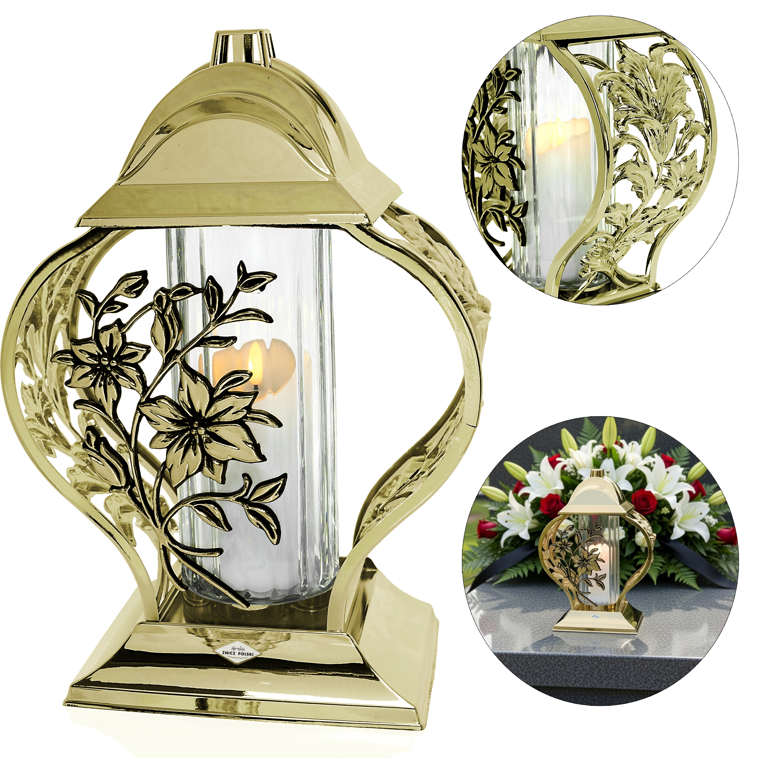 Znicz serce metaliczne złote lub srebrne z kwiatami lilii