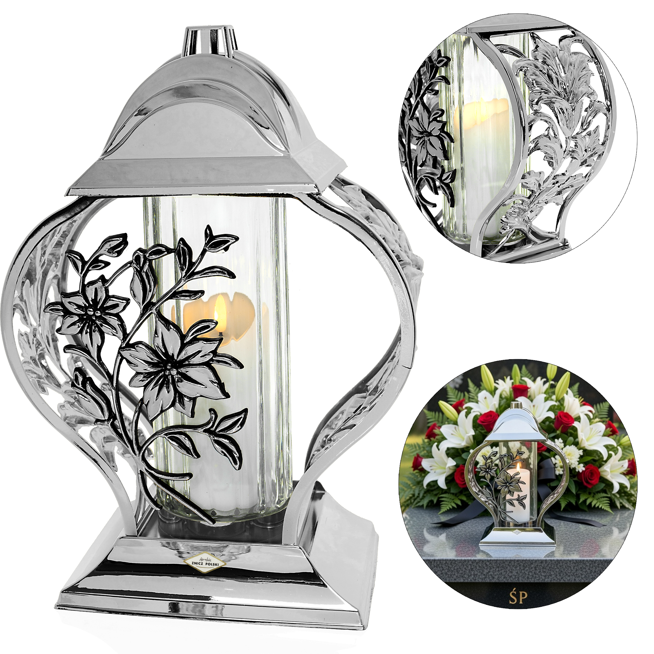 Znicz serce metaliczne złote lub srebrne z kwiatami lilii