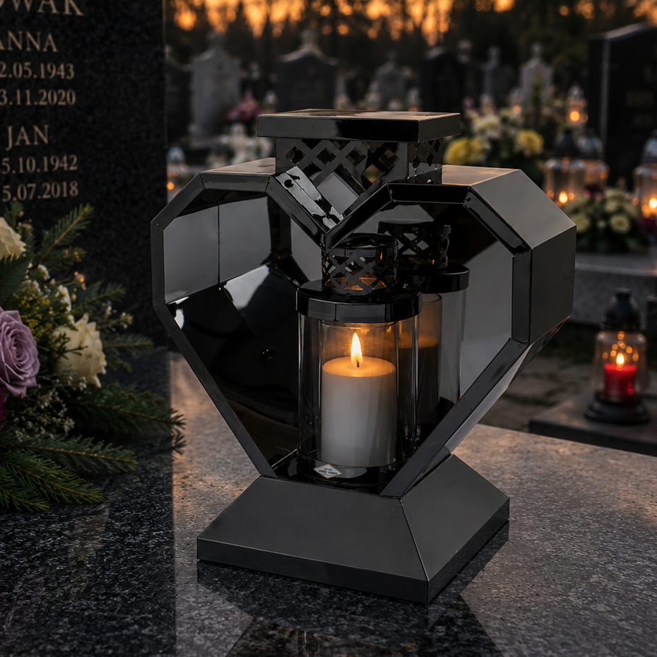 Duży metalowy znicz SERCE XL – lustro, szklana tuleja - złoty, srebrny lub grafitowy