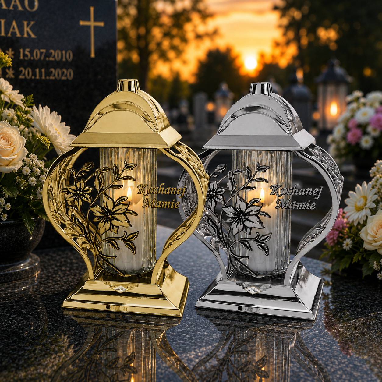 Znicz serce metaliczne złote lub srebrne z kwiatami lilii