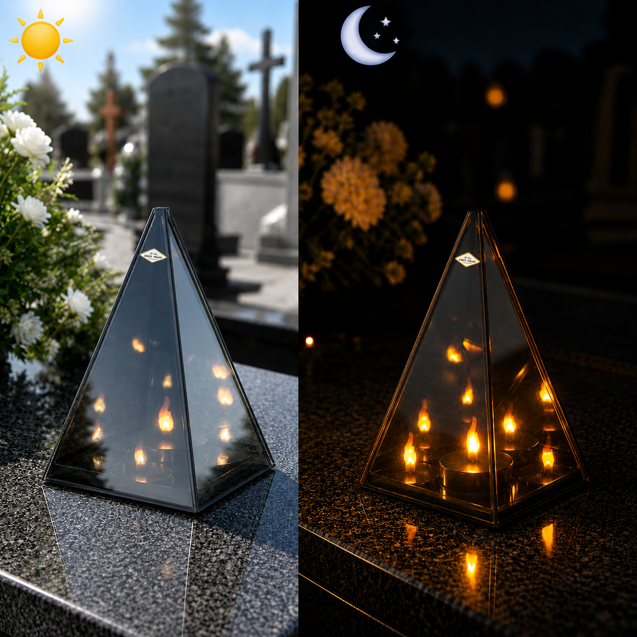 Znicz w kształcie piramidy LED 3D na Baterie – Lustrzany Lampion Nagrobny | Opcjonalna Dedykacja