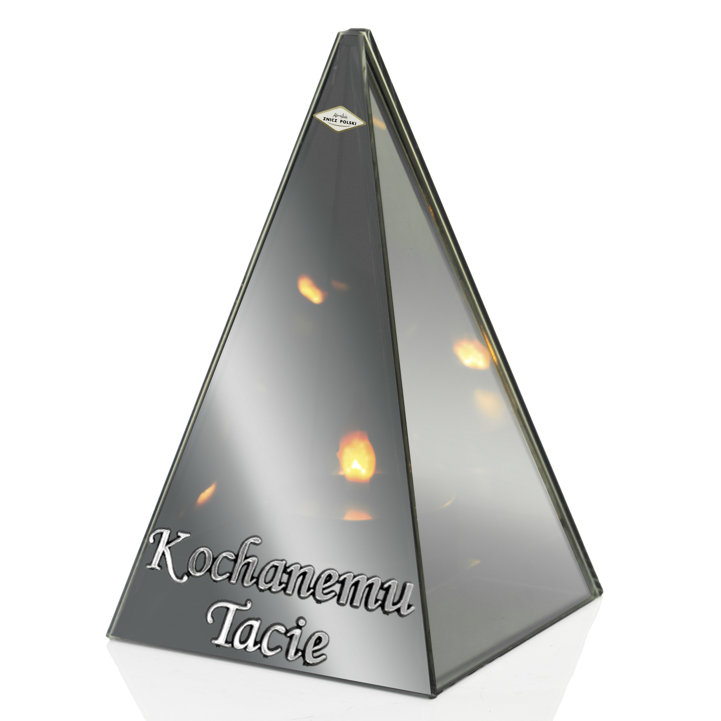 Znicz w kształcie piramidy LED 3D na Baterie – Lustrzany Lampion Nagrobny | Opcjonalna Dedykacja
