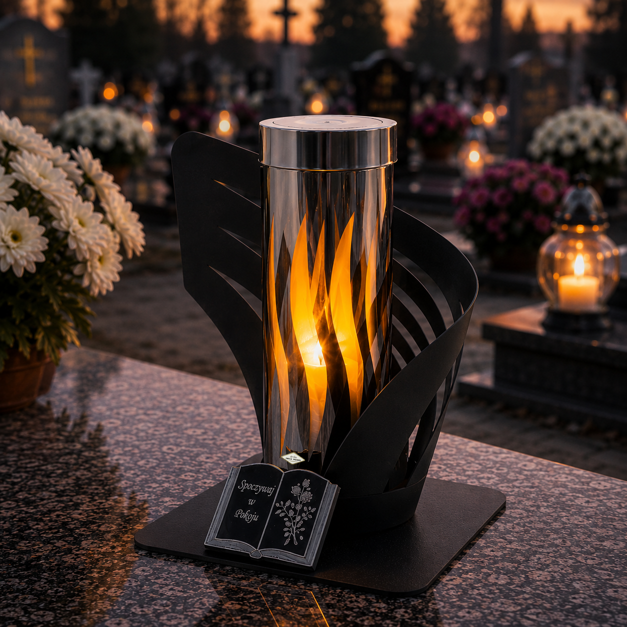 Solarny Znicz LED 24H Spoczywaj w Pokoju – Metalowy Lampion Nagrobny z Panelem Solarnym