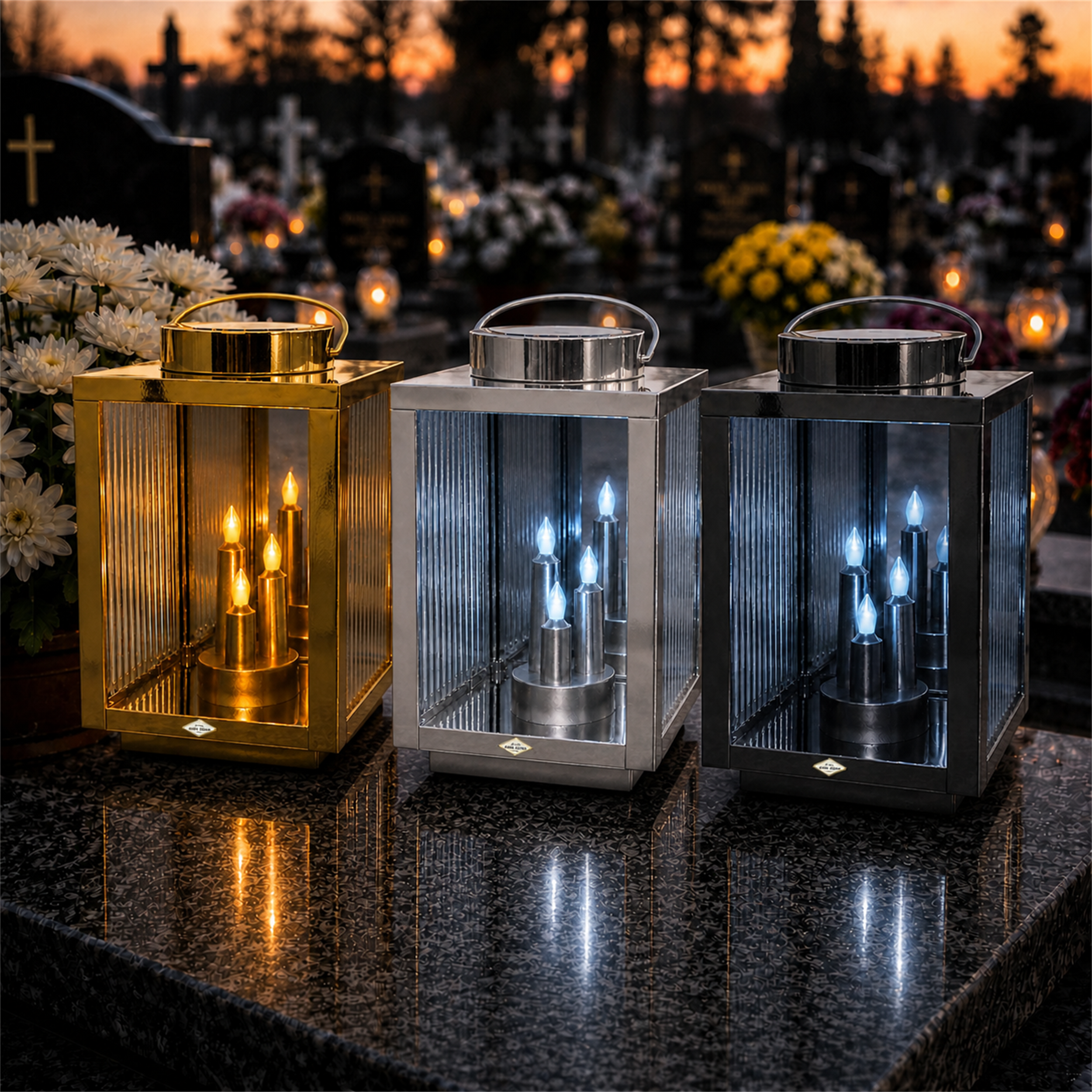 Znicz Solarny LED Premium Lampion 3 Płomienie na Cmentarz | Opcjonalna Dedykacja