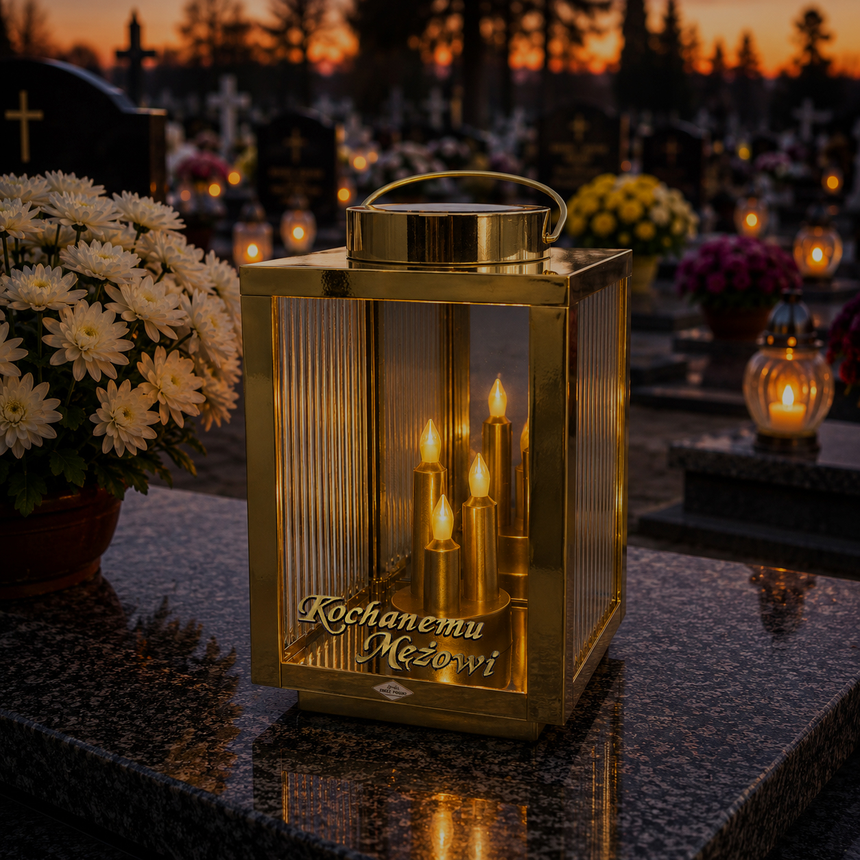 Znicz Solarny LED Premium Lampion 3 Płomienie na Cmentarz | Opcjonalna Dedykacja