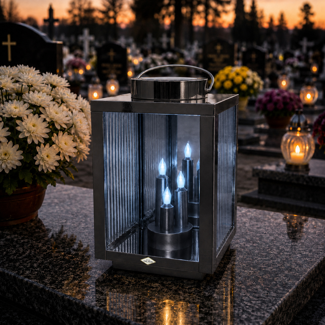 Znicz Solarny LED Premium Lampion 3 Płomienie na Cmentarz | Opcjonalna Dedykacja
